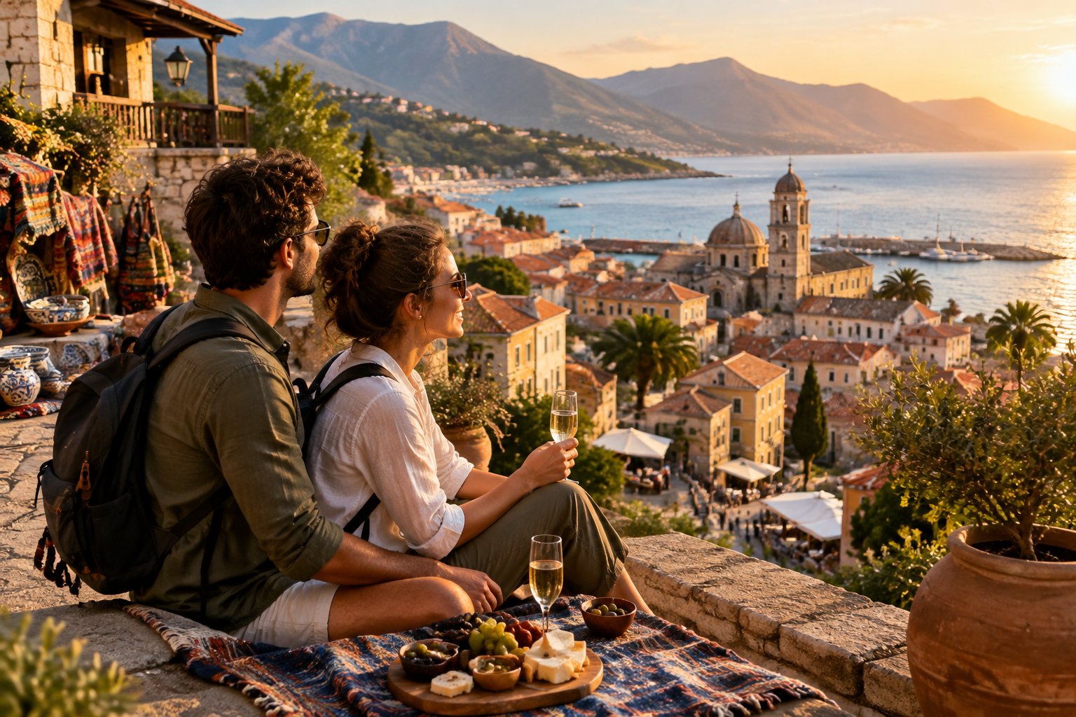 A newlywed couple enjoys a romantic picnic while overlooking a historic coastal town and surrounding mountains.