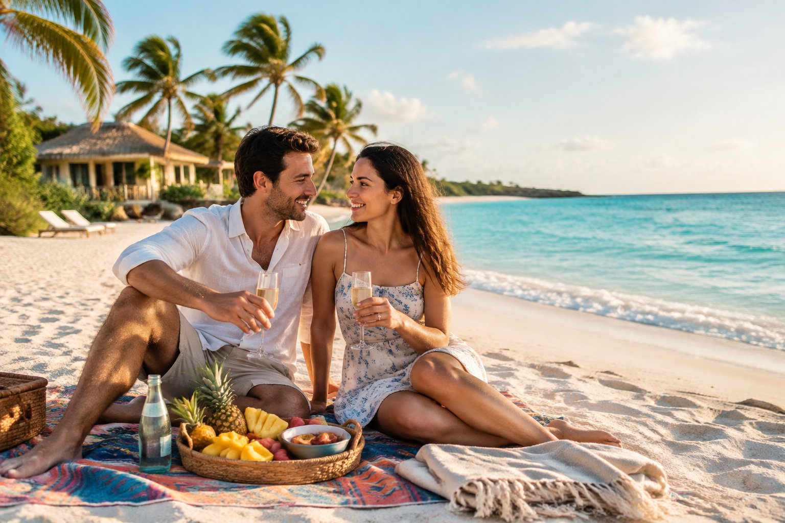 Newlywed couple relaxing on a tropical beach beside a small picnic, with turquoise water and palm trees behind them.