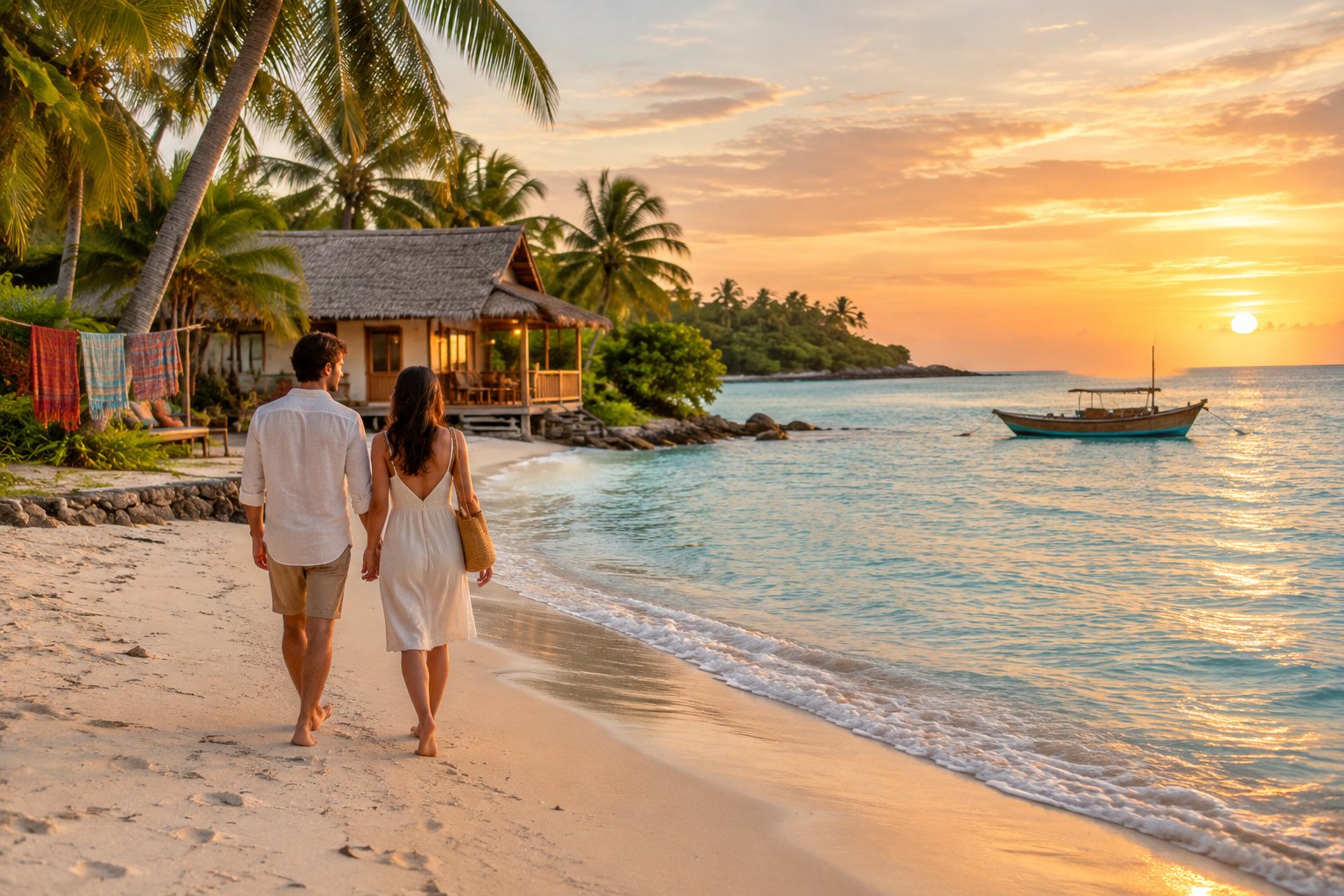 A newlywed couple walks along a quiet tropical beach toward a small beachfront bungalow at sunset.