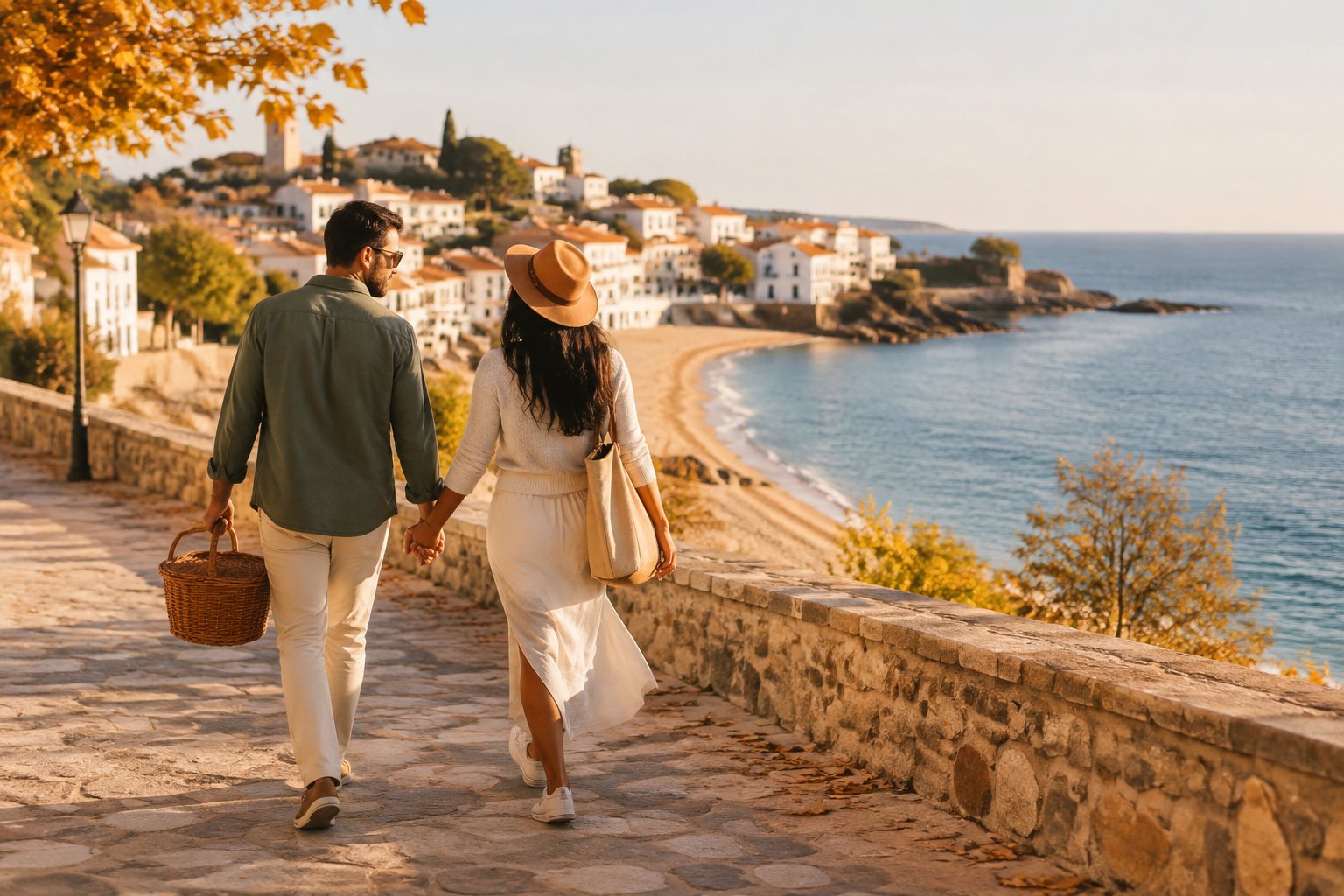 A couple walks hand in hand along a sunny coastal promenade beside a calm blue sea.
