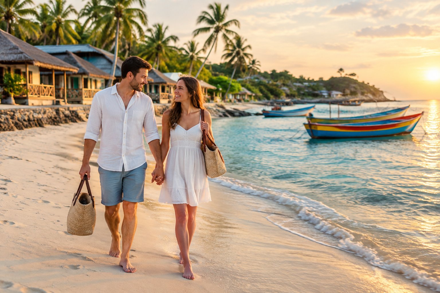 A newlywed couple walks hand in hand along a tropical beach near simple beachfront accommodations.