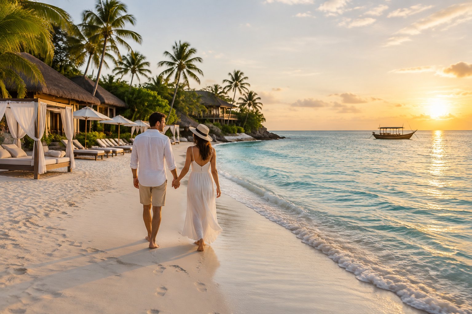 A couple walks hand in hand along a tropical beach beside a boutique resort at sunset.