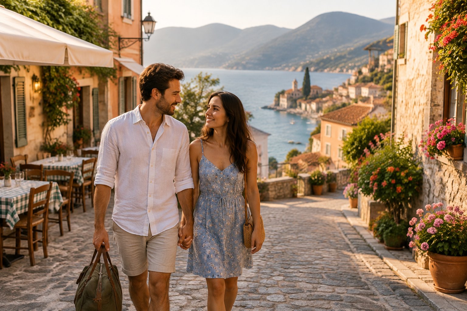 A happy newlywed couple walks hand in hand through a sunny European coastal village.