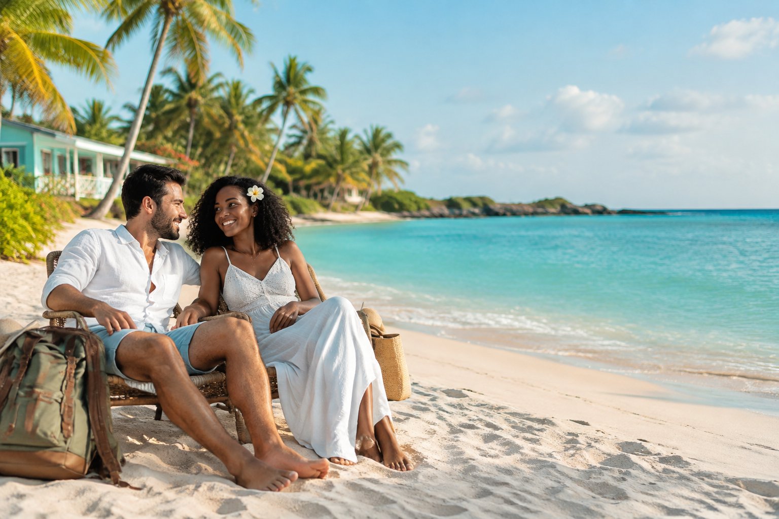 A newlywed couple relaxing together on a sunny tropical beach beside calm turquoise water.