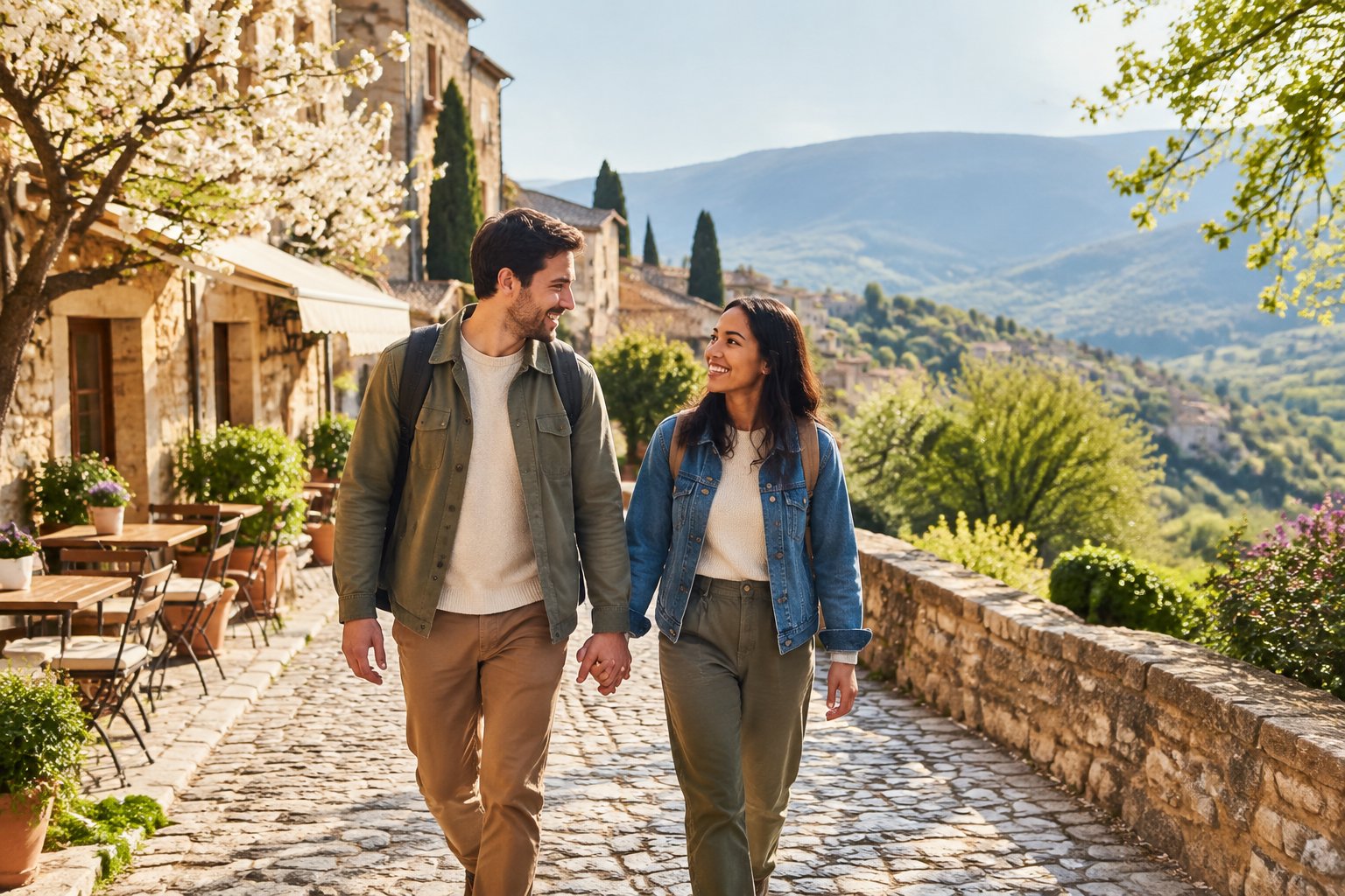 A couple walks hand in hand through a charming springtime hillside town.