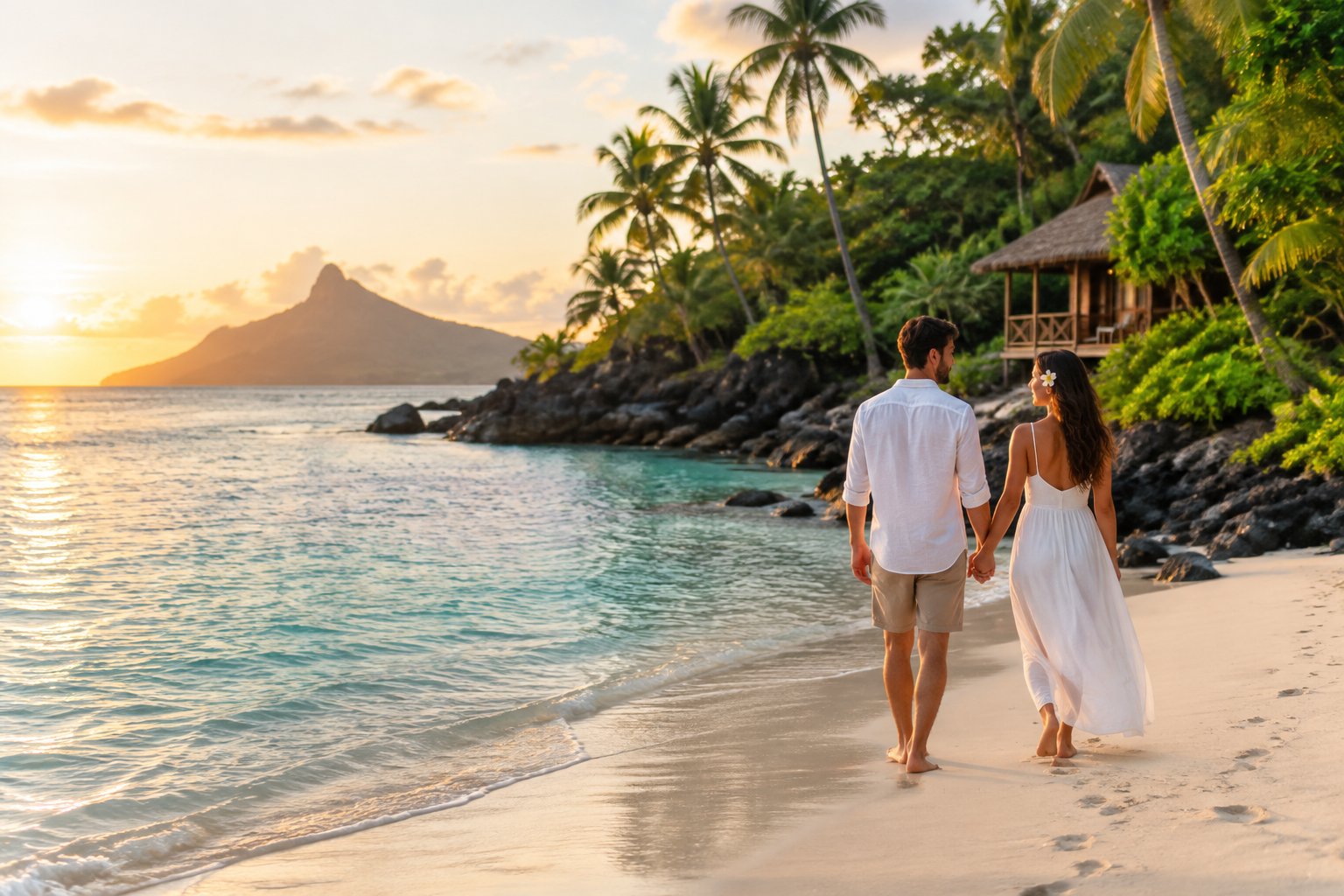 A newlywed couple walks along a quiet tropical beach beside clear turquoise water and lush greenery.