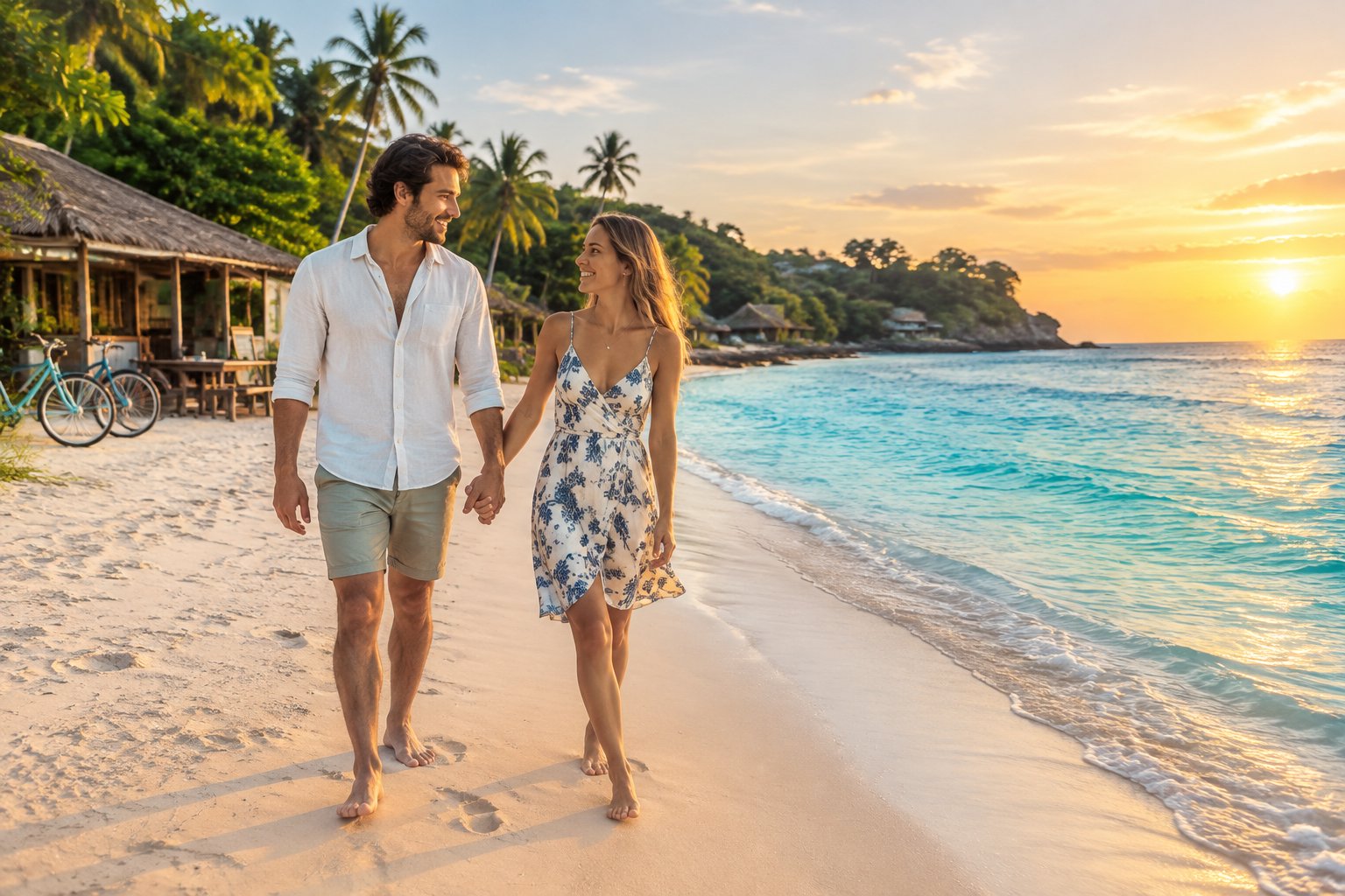 Newlywed couple walking hand in hand along a tropical beach near a simple beachfront bungalow.