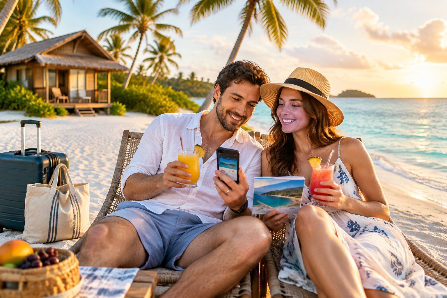 A newlywed couple relaxes together at an affordable tropical beach destination with luggage and travel items nearby.
