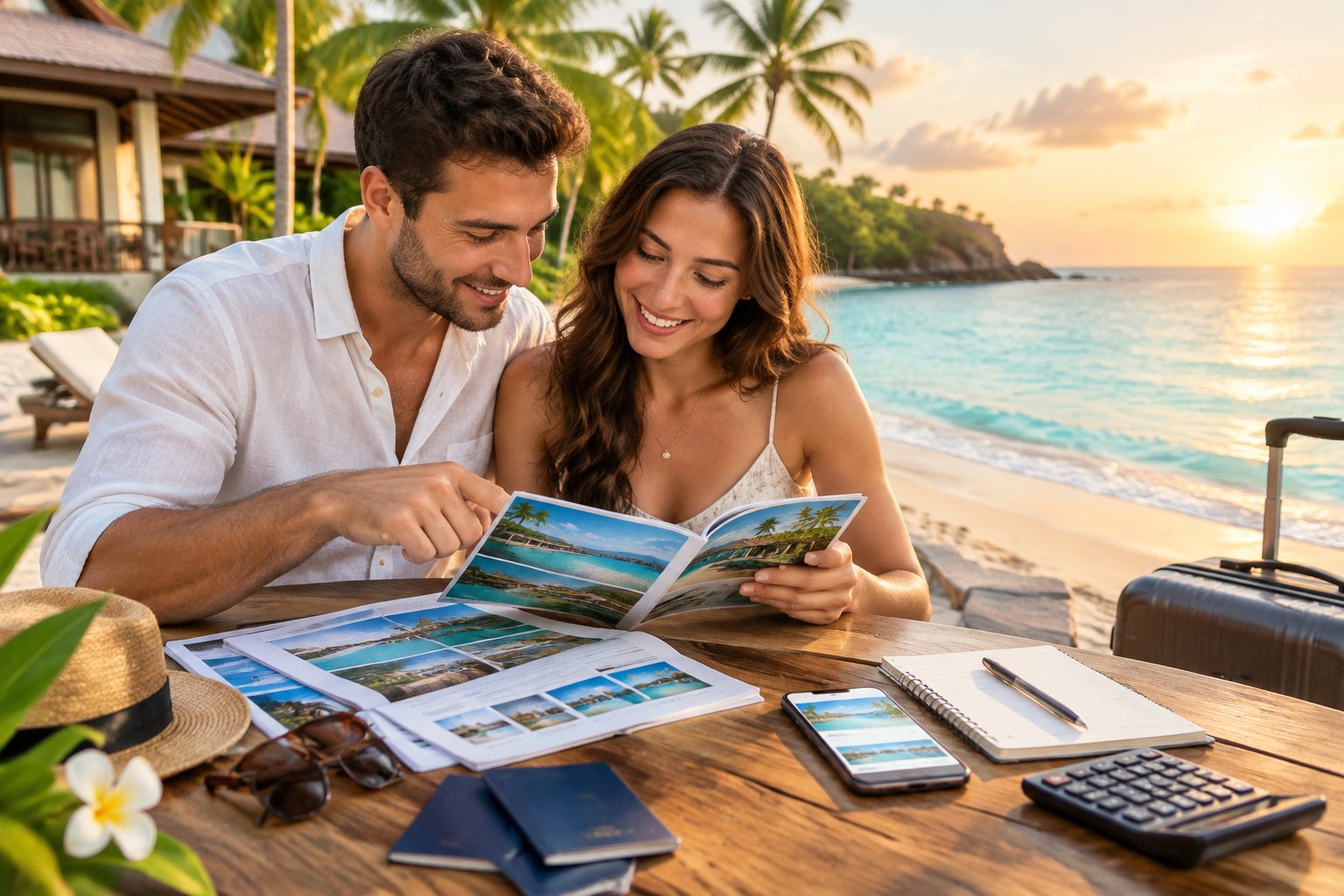 A newlywed couple compares travel options and plans an affordable honeymoon at a tropical beach resort.