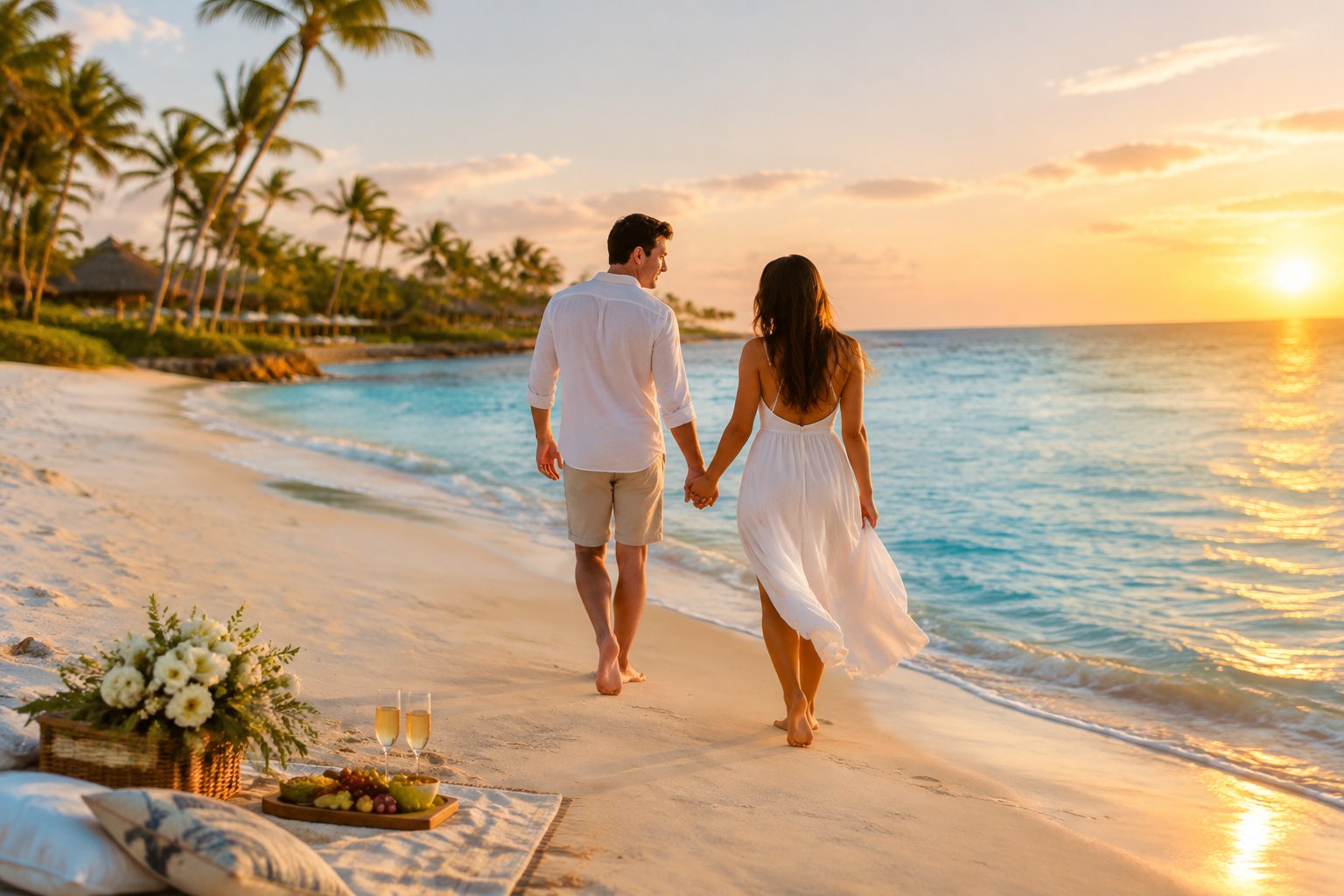 A newlywed couple walks along a sunny tropical beach near a resort.