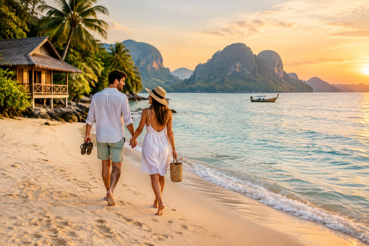 Newlywed couple walking hand in hand on a tropical Asian beach beside a simple beachfront bungalow.