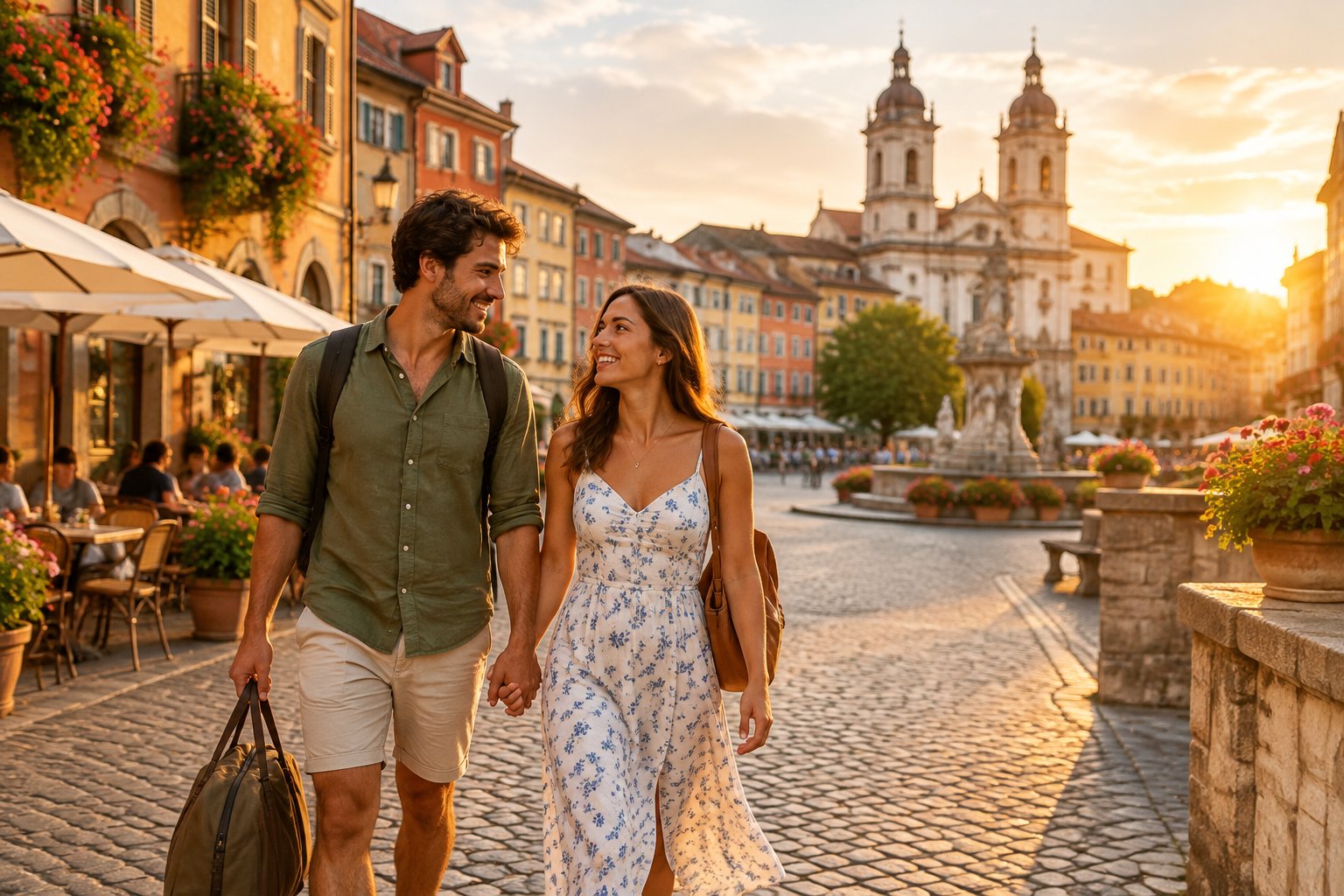 A newlywed couple walks hand in hand through a charming historic European city.