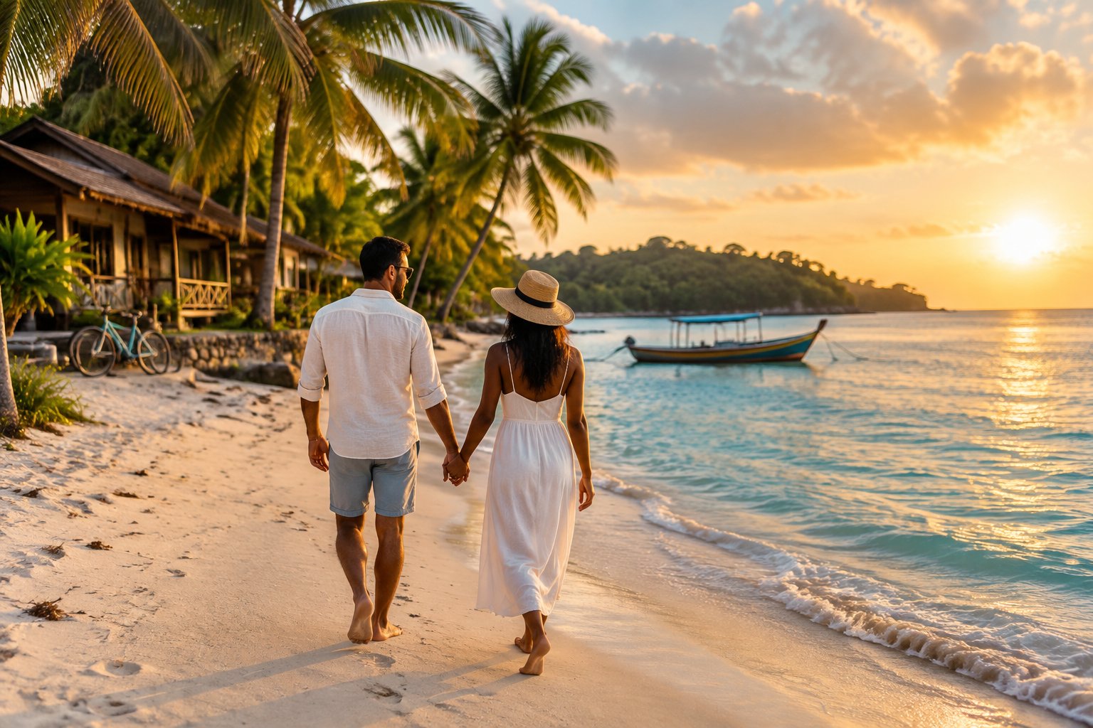A couple walks hand in hand along a tropical beach beside a simple beachfront bungalow.