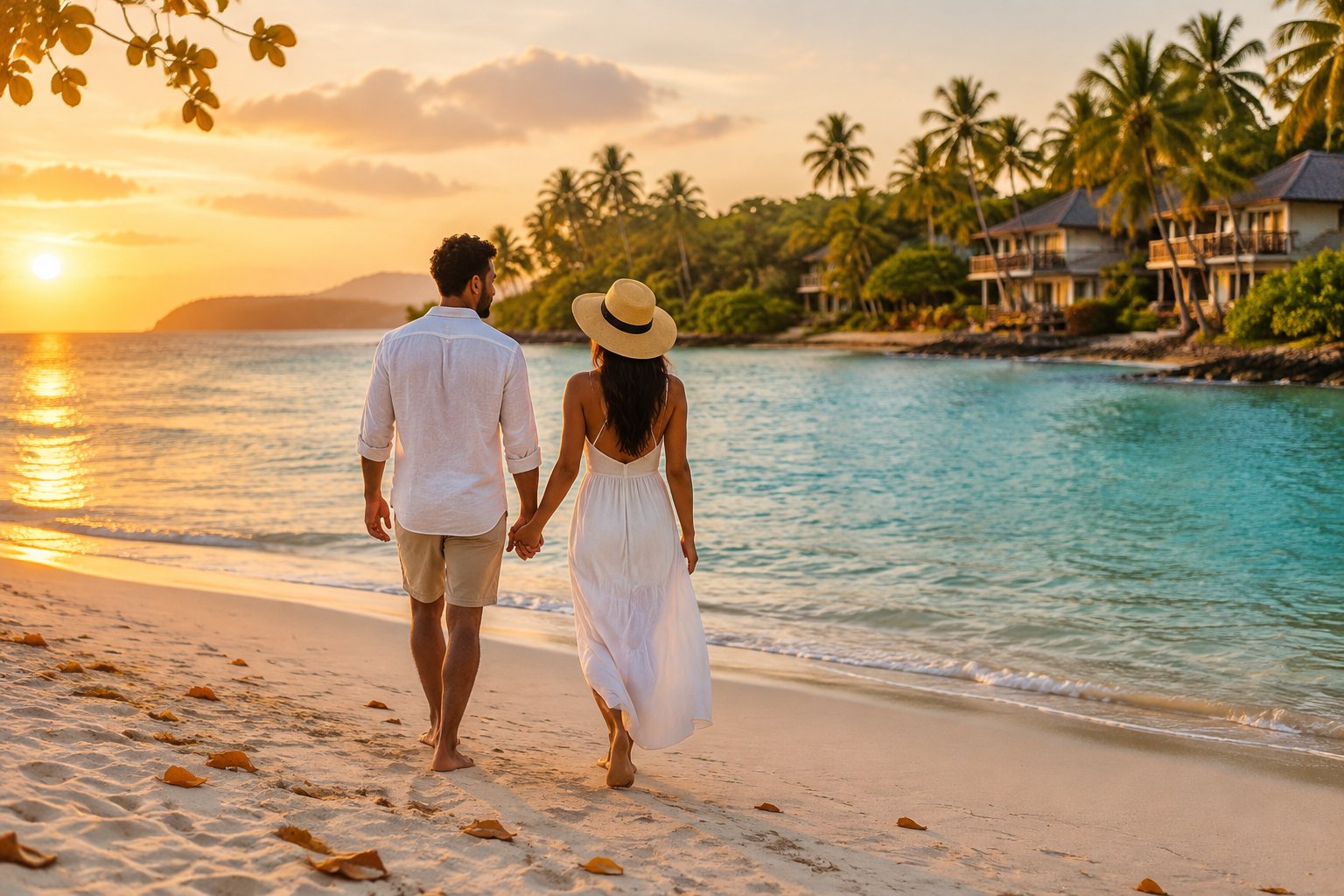 A newlywed couple walks hand in hand along a tropical beach at sunset.