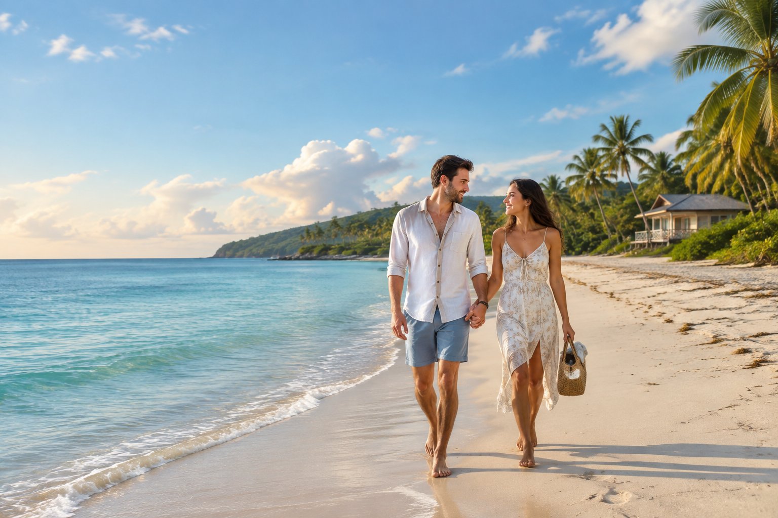 A couple walks hand in hand along a sunny tropical beach near a simple beachfront guesthouse.