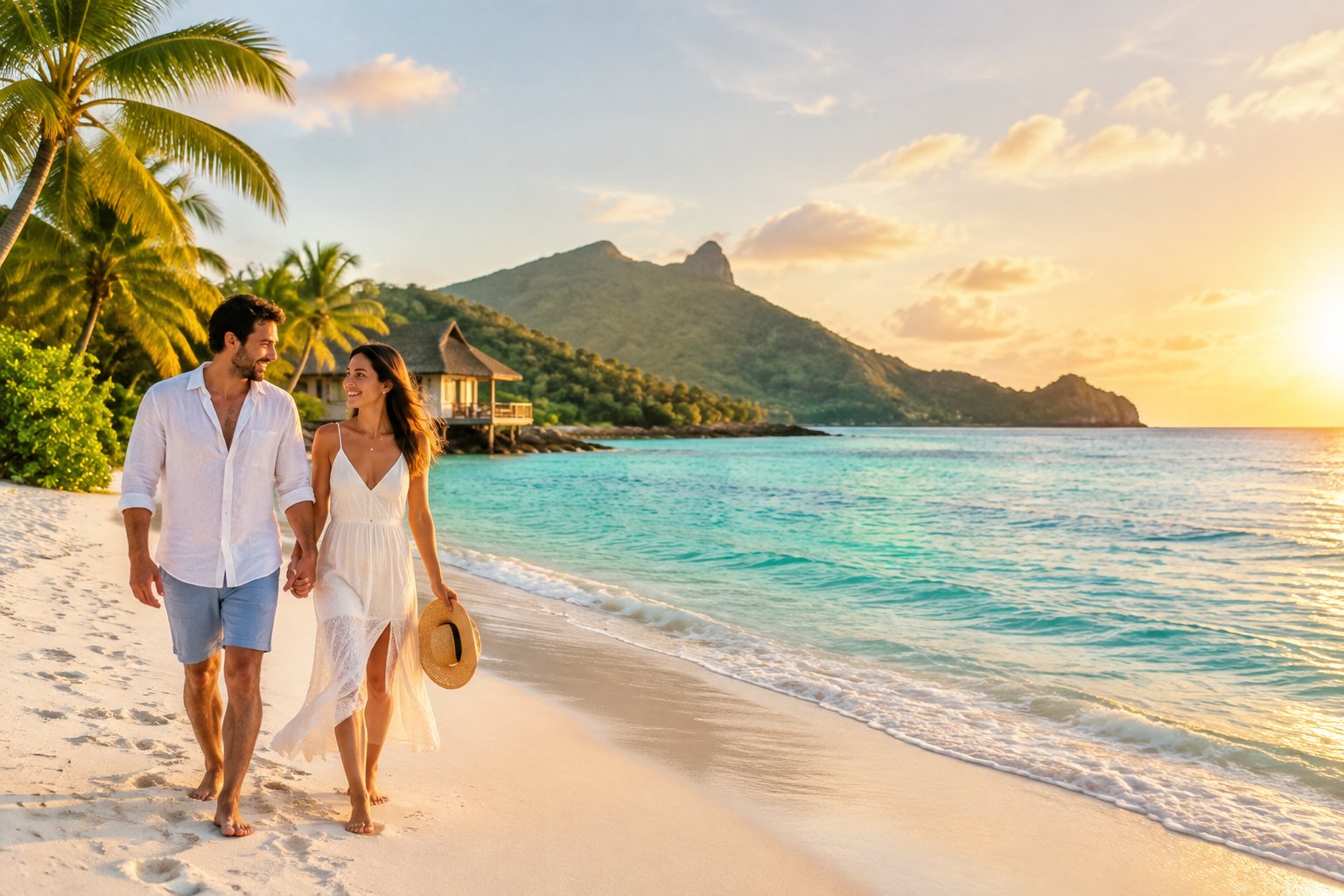 A newlywed couple walks hand in hand along a tropical beach near a seaside bungalow.