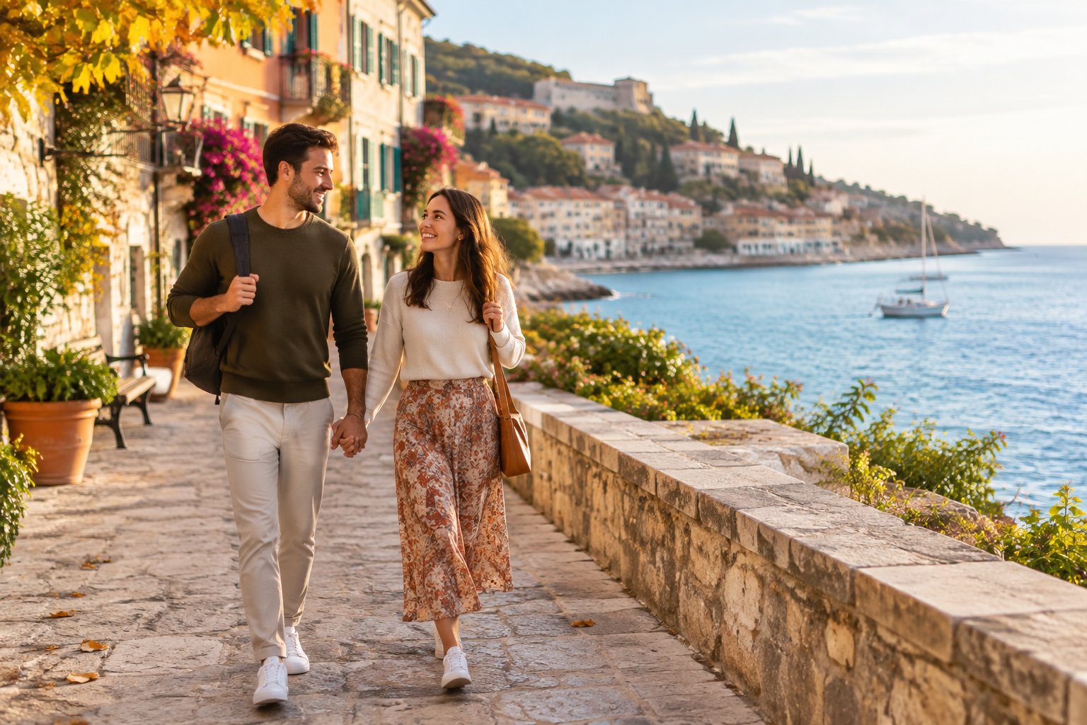 A newlywed couple walks hand in hand along a sunny Mediterranean seaside promenade.