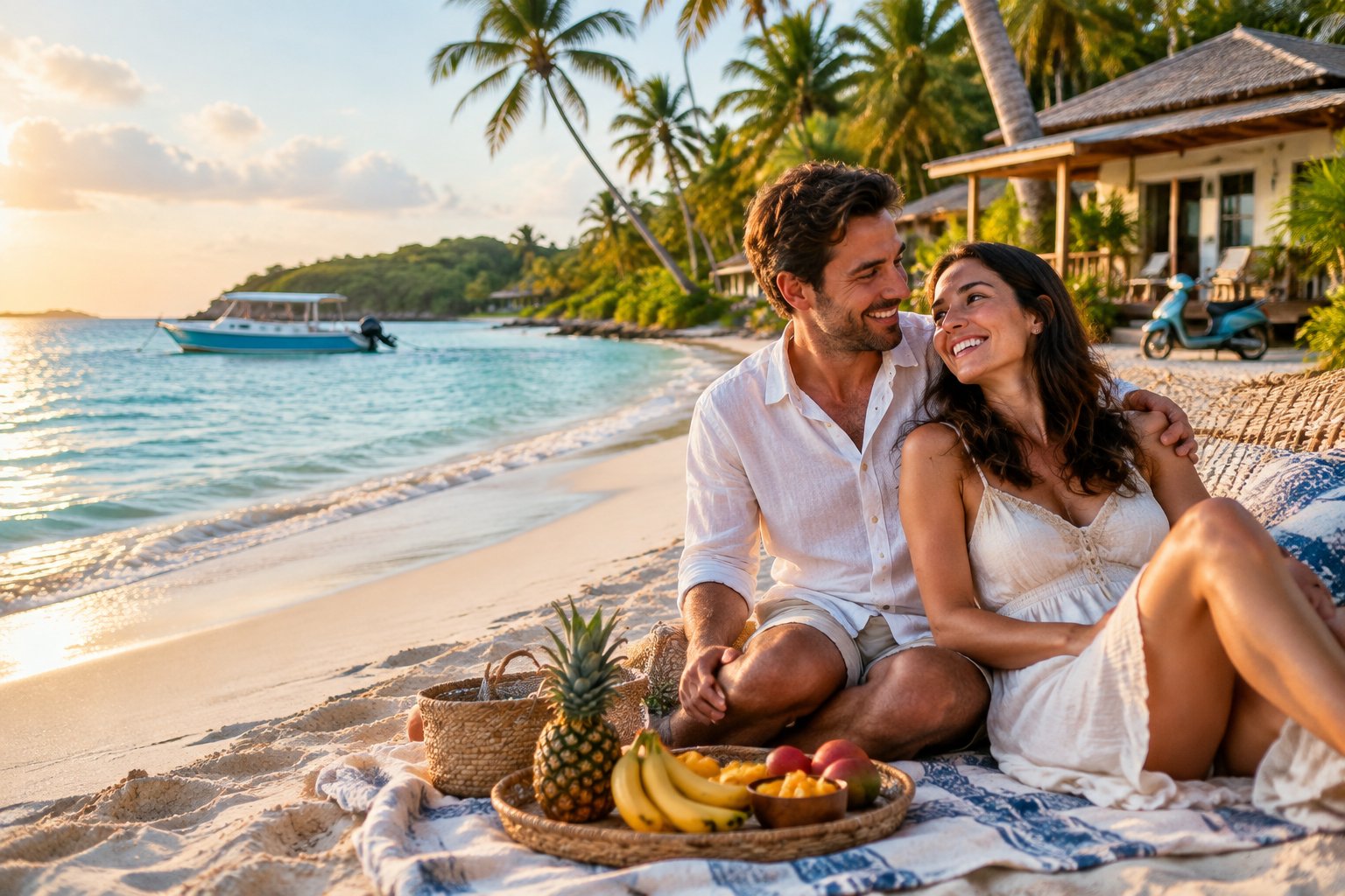 A newlywed couple relaxing together on an affordable tropical beach beside a simple beachfront guesthouse.