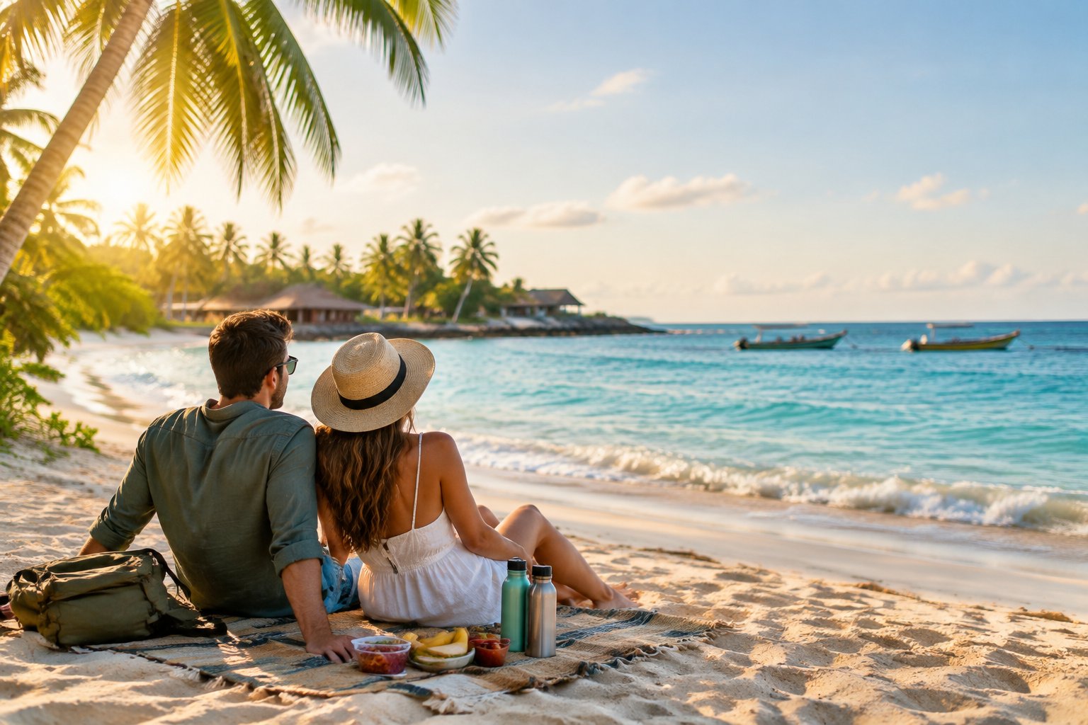 A couple walks hand in hand along a warm tropical beach at sunset.