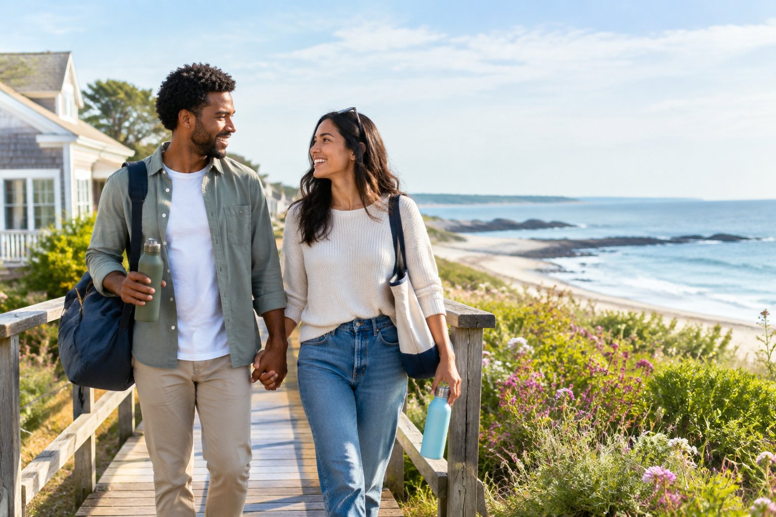 A newlywed couple walks hand in hand along a sunny spring beach boardwalk.