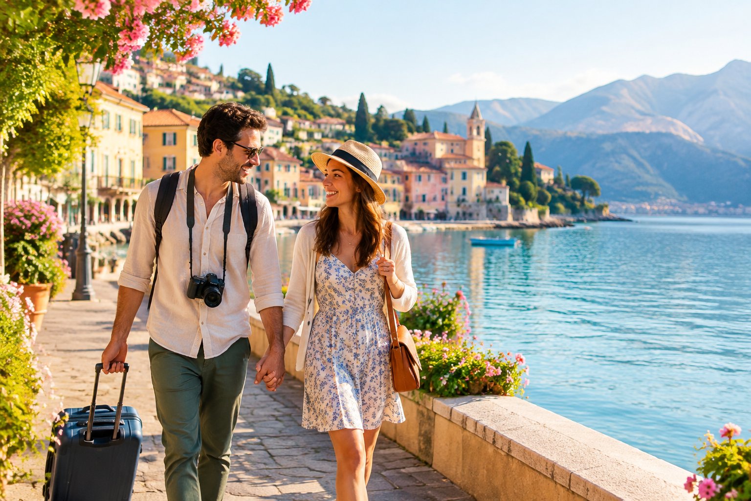 A newlywed couple walks hand in hand along a sunny waterfront promenade in a colorful coastal town.