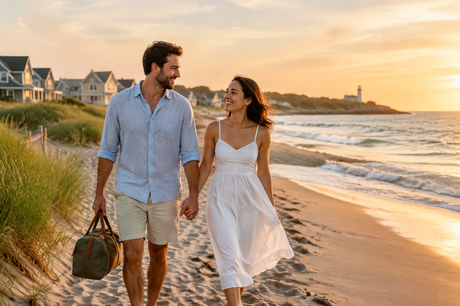 A newlywed couple walking hand in hand on a scenic East Coast beach at sunset.