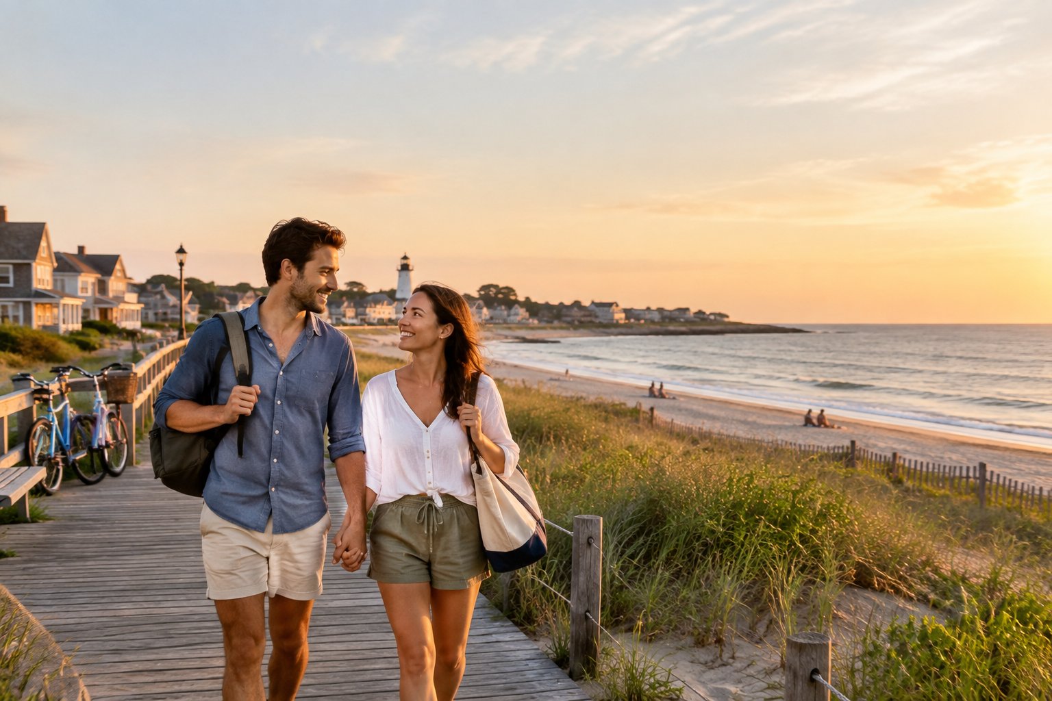 A newlywed couple walks hand in hand along a sunny East Coast beach near a historic seaside town.