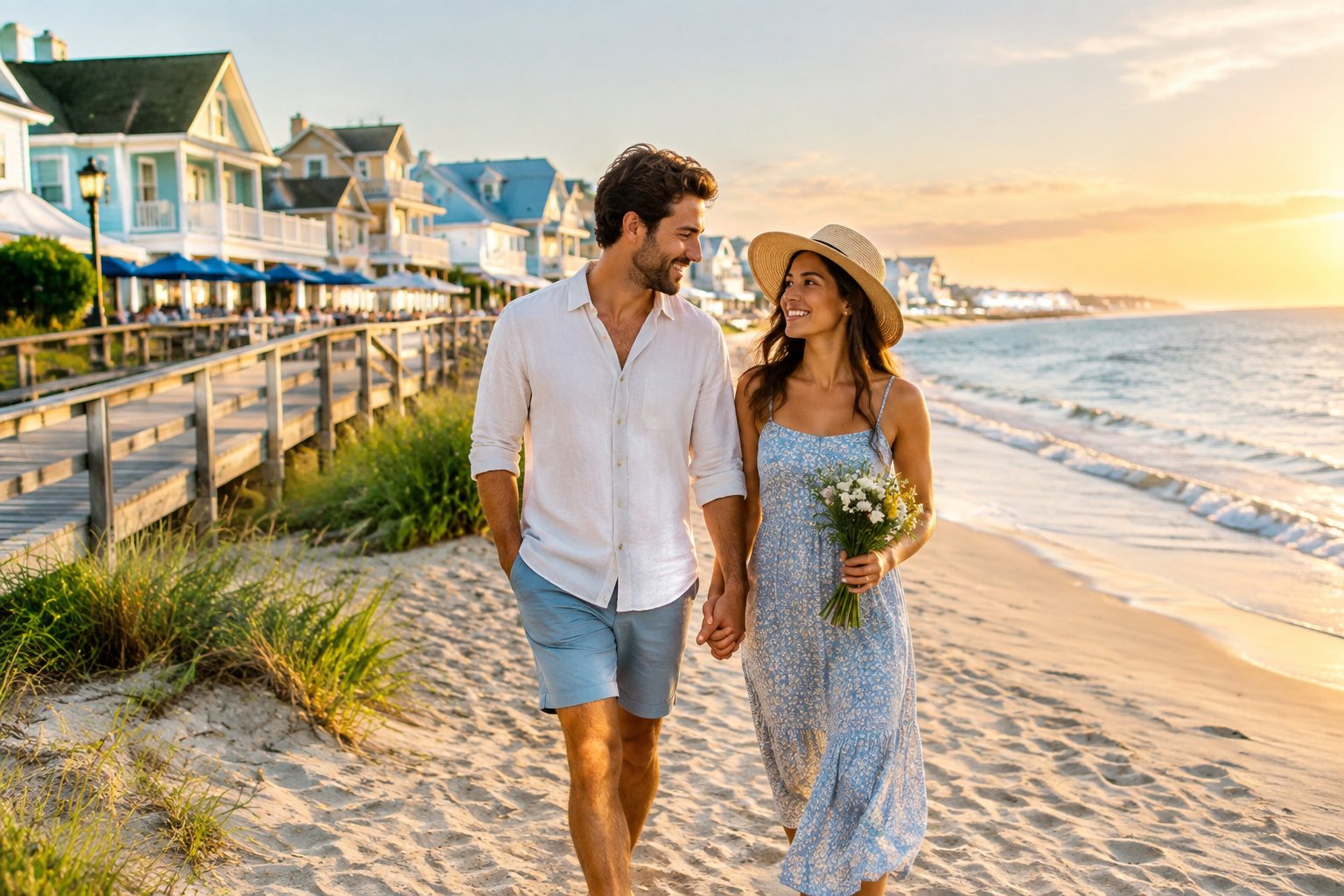 A newlywed couple walks hand in hand along a sunny beach in a charming coastal town.