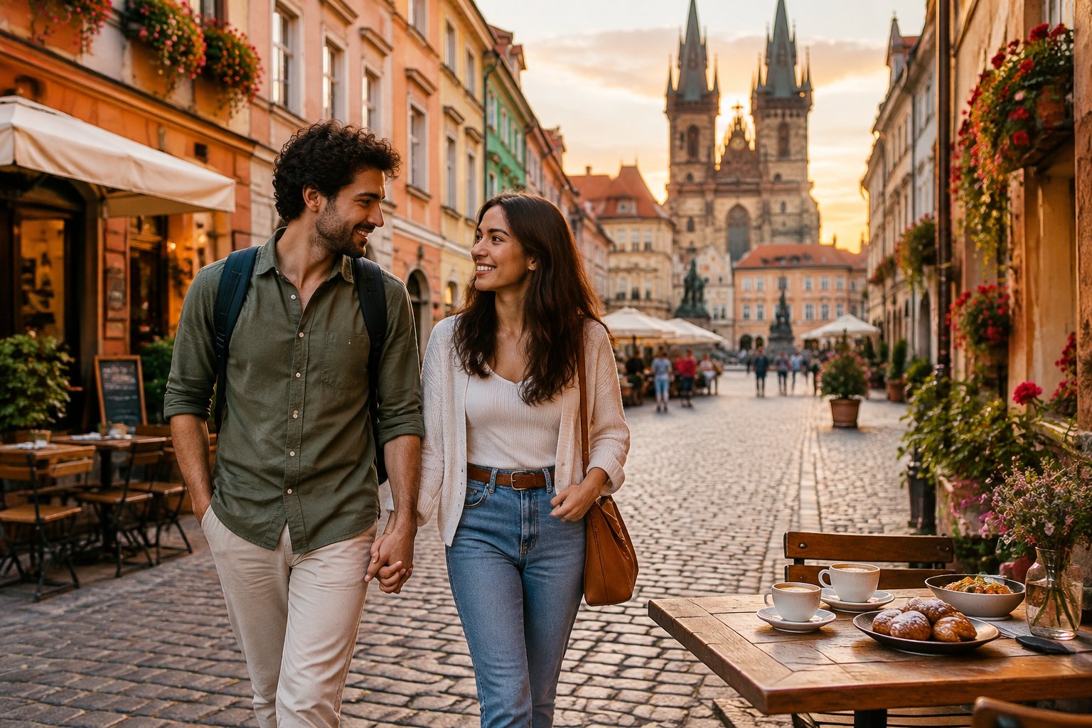 A couple walks hand in hand through a charming historic city street past a cozy café.
