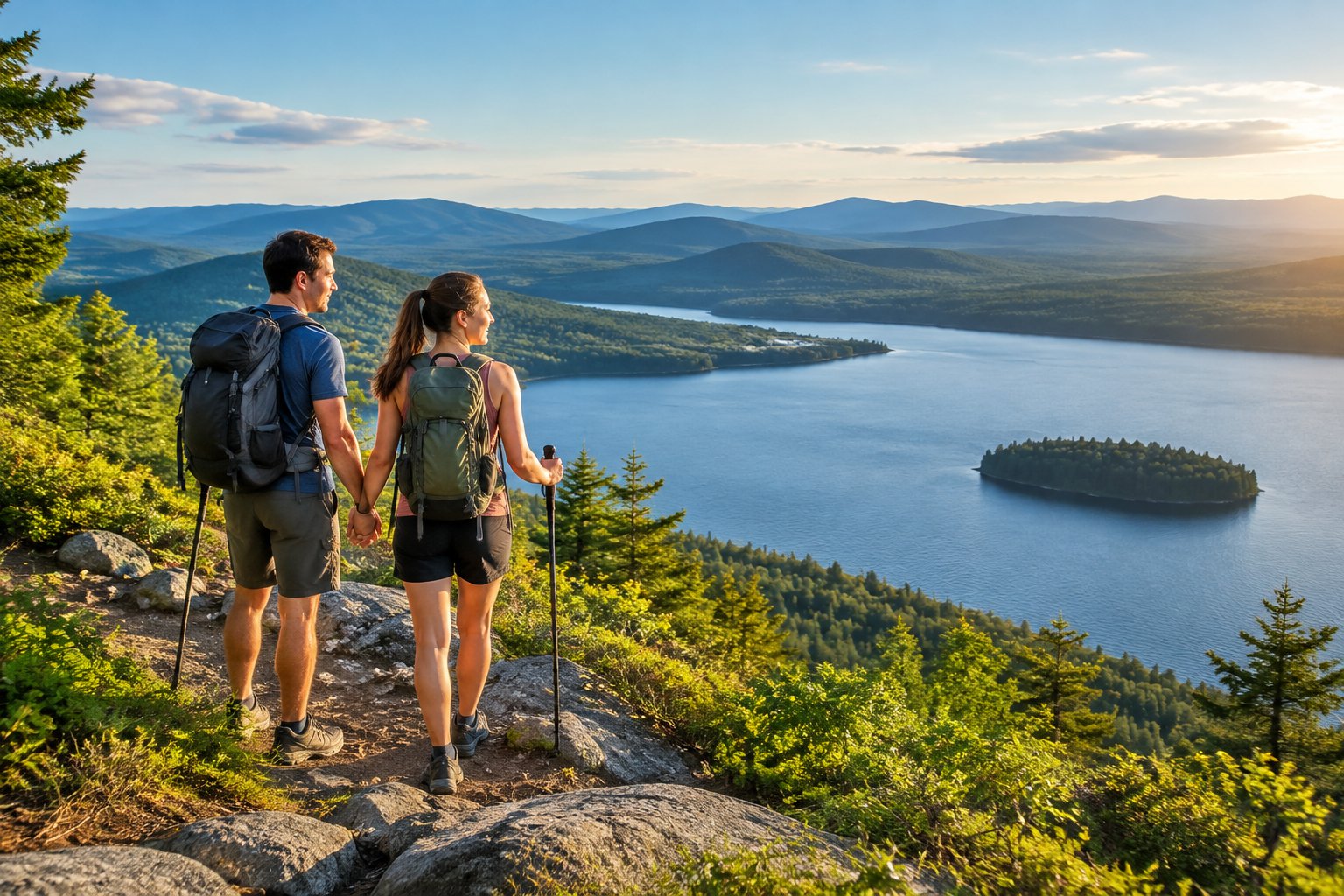 A couple holds hands on a mountain trail overlooking a lake, forested island, and green park.