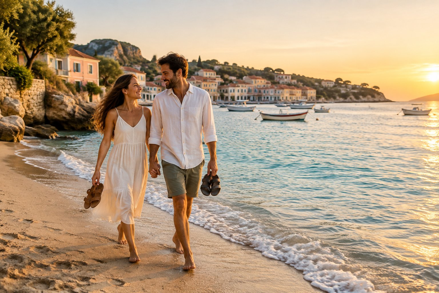 A newlywed couple walks hand in hand along a sunny Mediterranean beach near a coastal village.