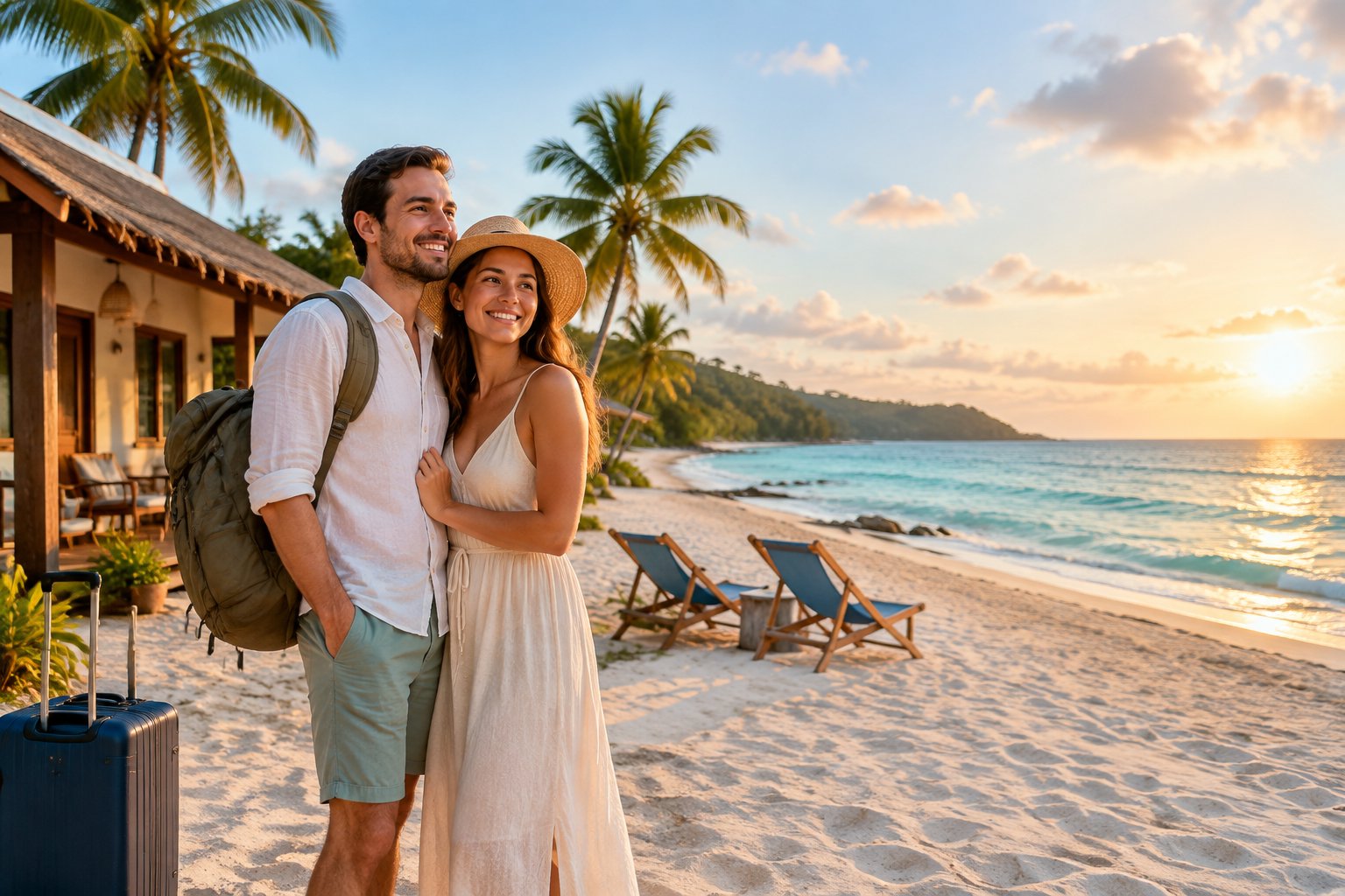 A newlywed couple enjoys a tropical beach beside a modest seaside guesthouse with a small suitcase.