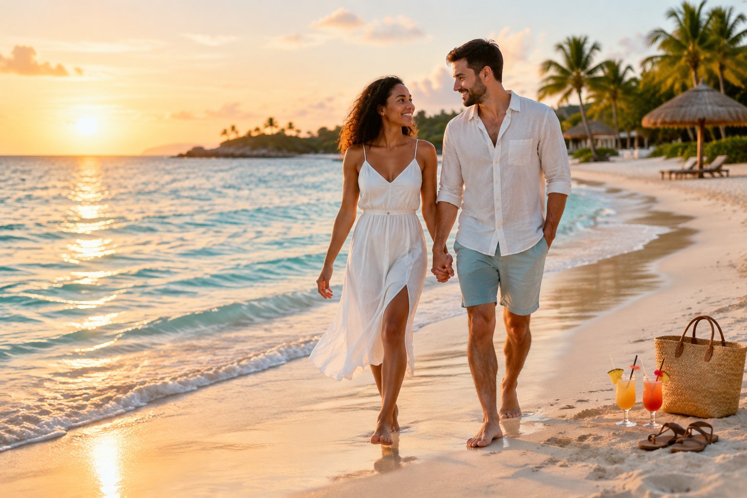 A newlywed couple walks hand in hand along a sunny tropical beach at sunset.
