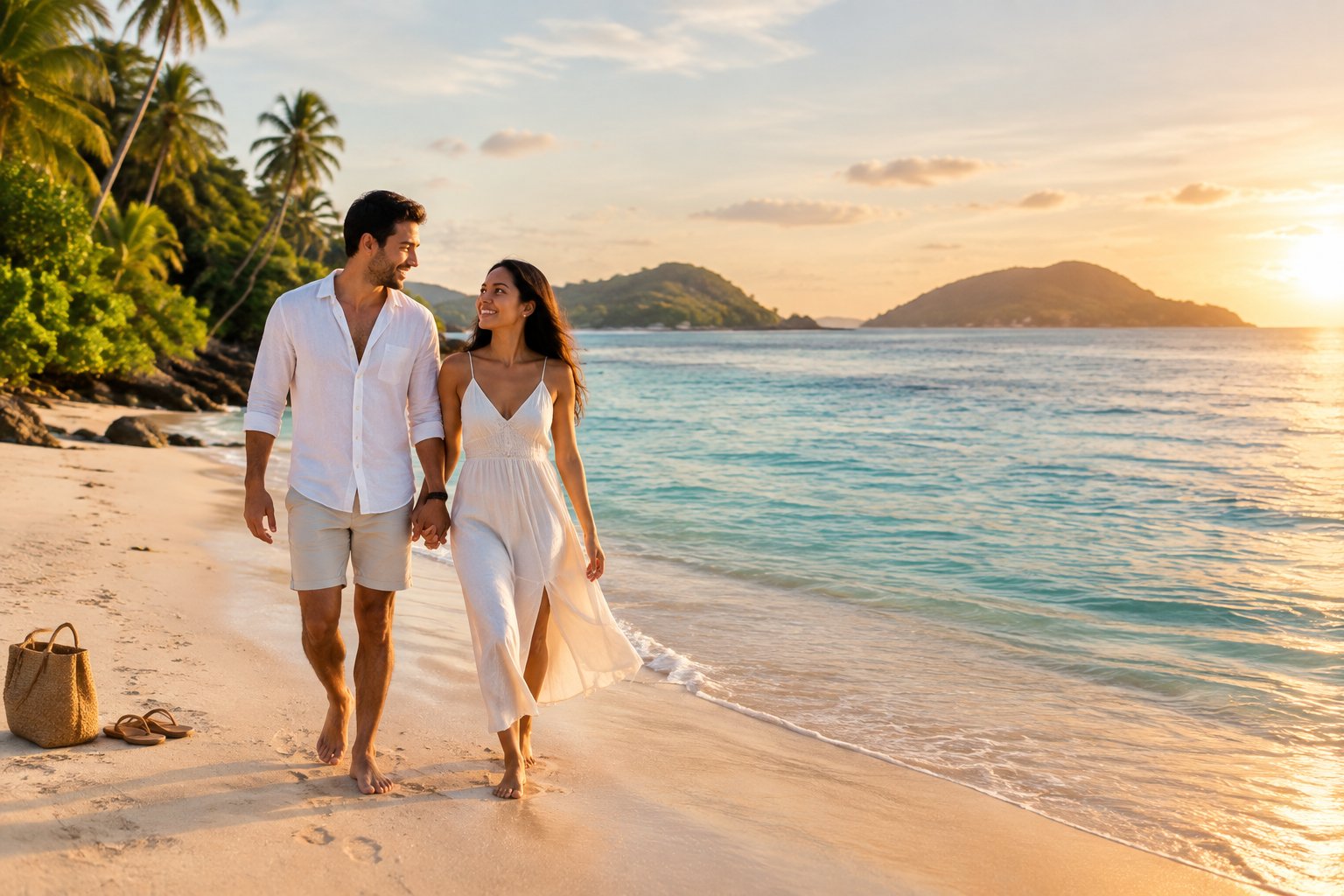Newlywed couple walking hand in hand along a peaceful tropical beach at sunset.