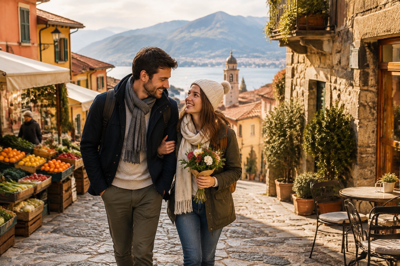 A newlywed couple explores a colorful historic town with a local market and scenic hills.