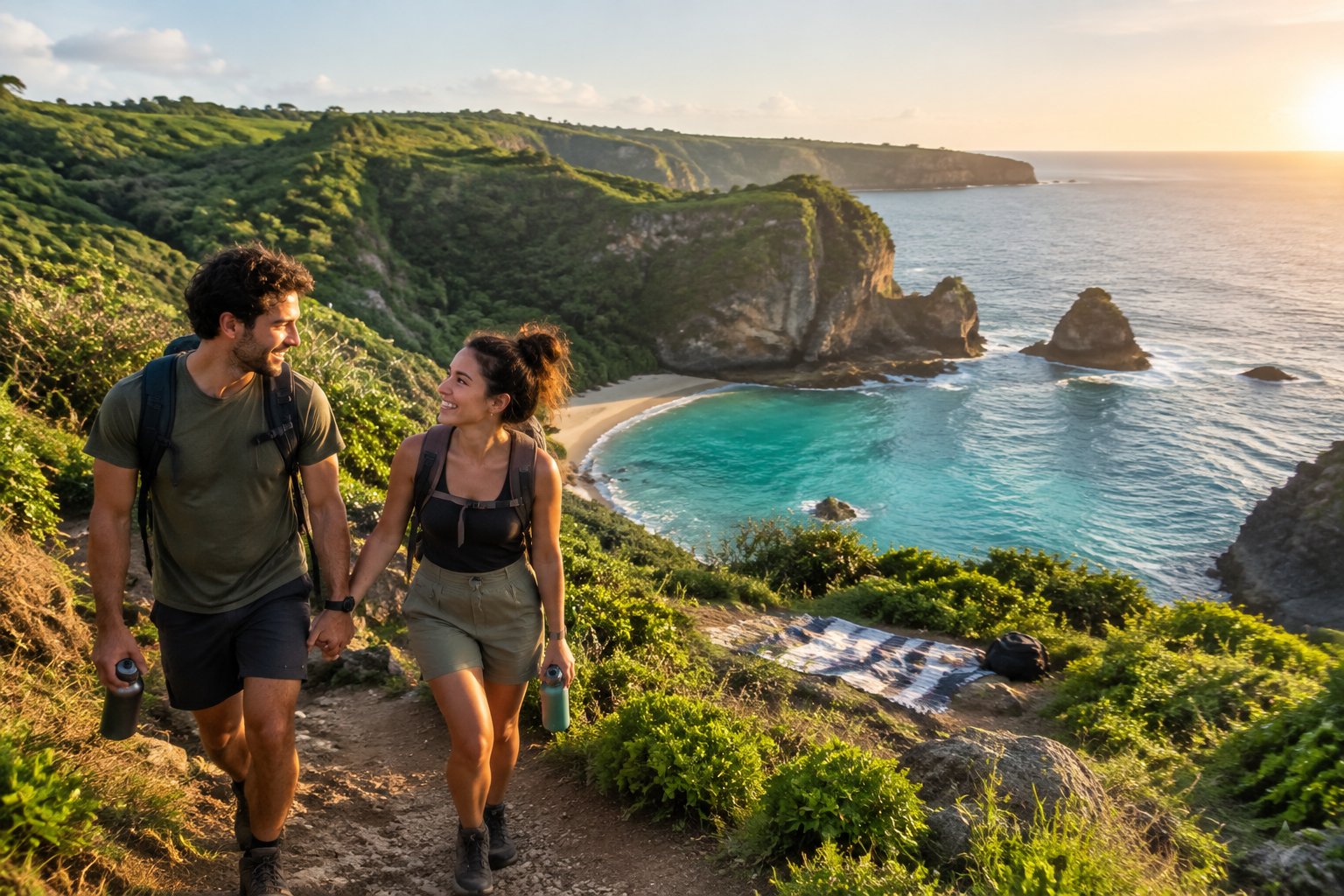 A newlywed couple hikes together along a lush coastal trail overlooking a turquoise sea and secluded beach.