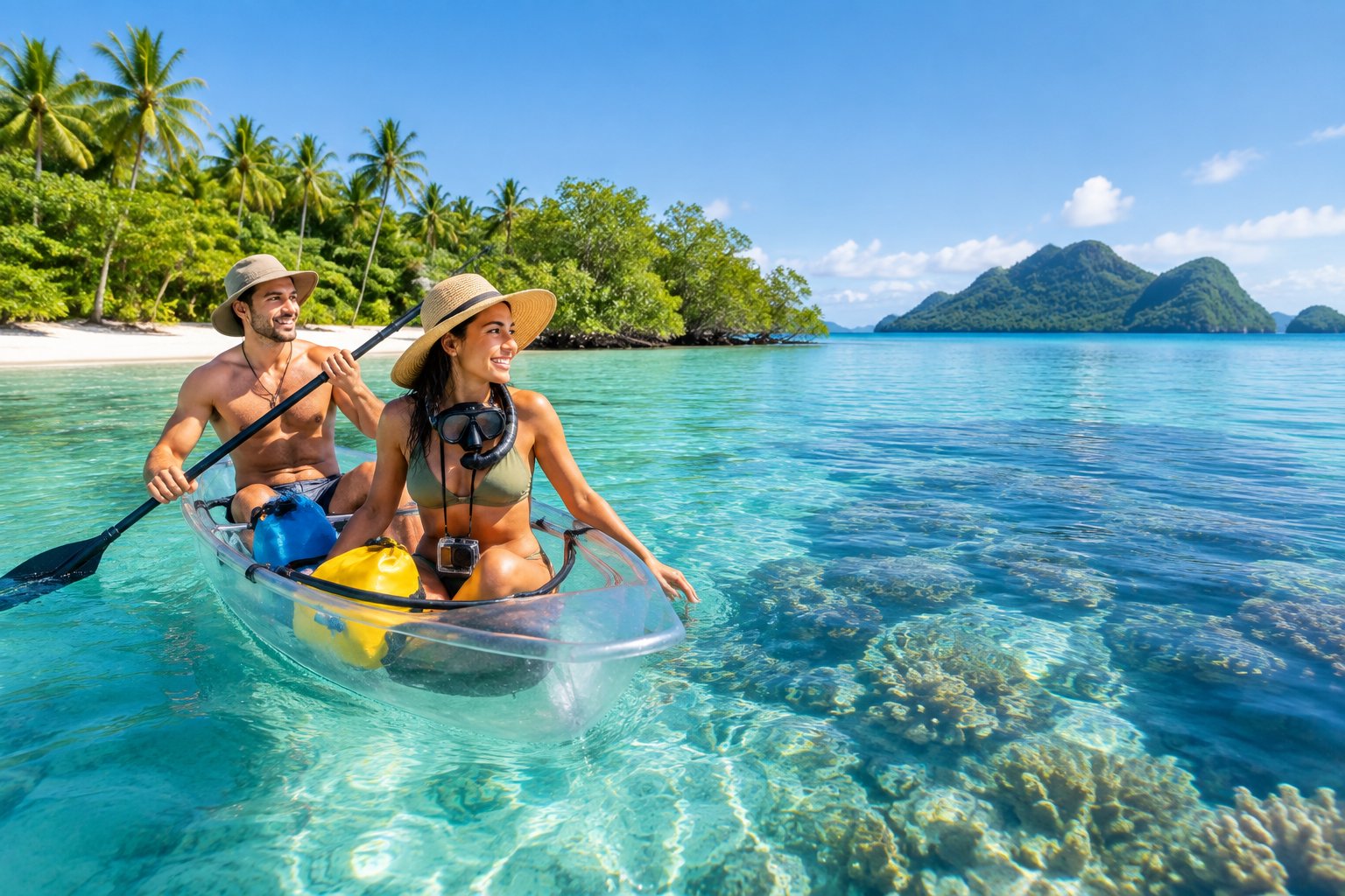 A newlywed couple paddles together across a clear tropical lagoon near a white-sand beach.