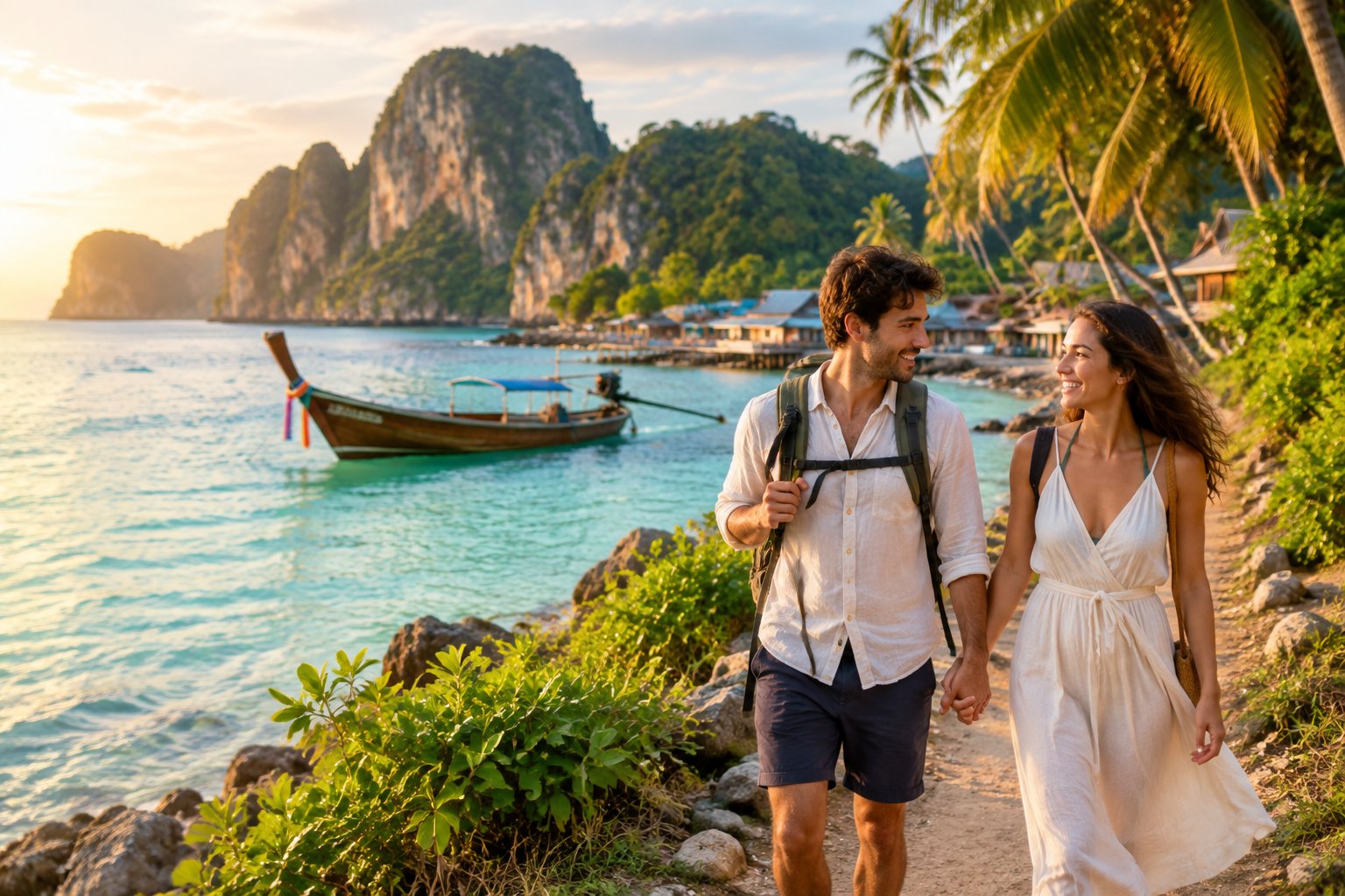 A newlywed couple walks hand in hand along a tropical Asian island coast near a turquoise lagoon.