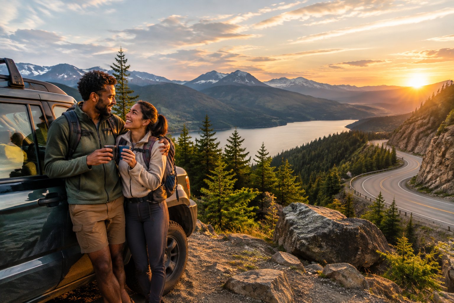 A newlywed couple with hiking backpacks stands beside a vehicle overlooking a scenic mountain road and forested landscape.
