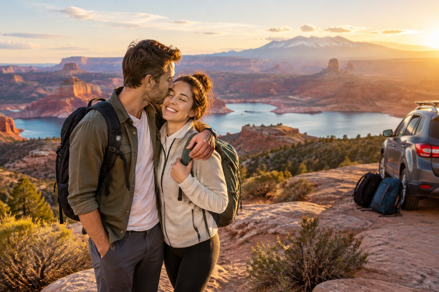 A newlywed couple embraces at sunset above a scenic western desert landscape with red rocks, a lake, and mountains.