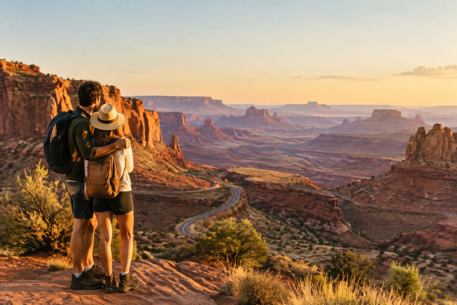A newlywed couple overlooks a scenic red-rock canyon landscape in the American West.