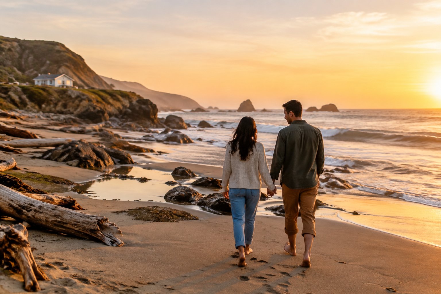 A couple walks hand in hand along a quiet Pacific beach beneath rugged coastal cliffs.