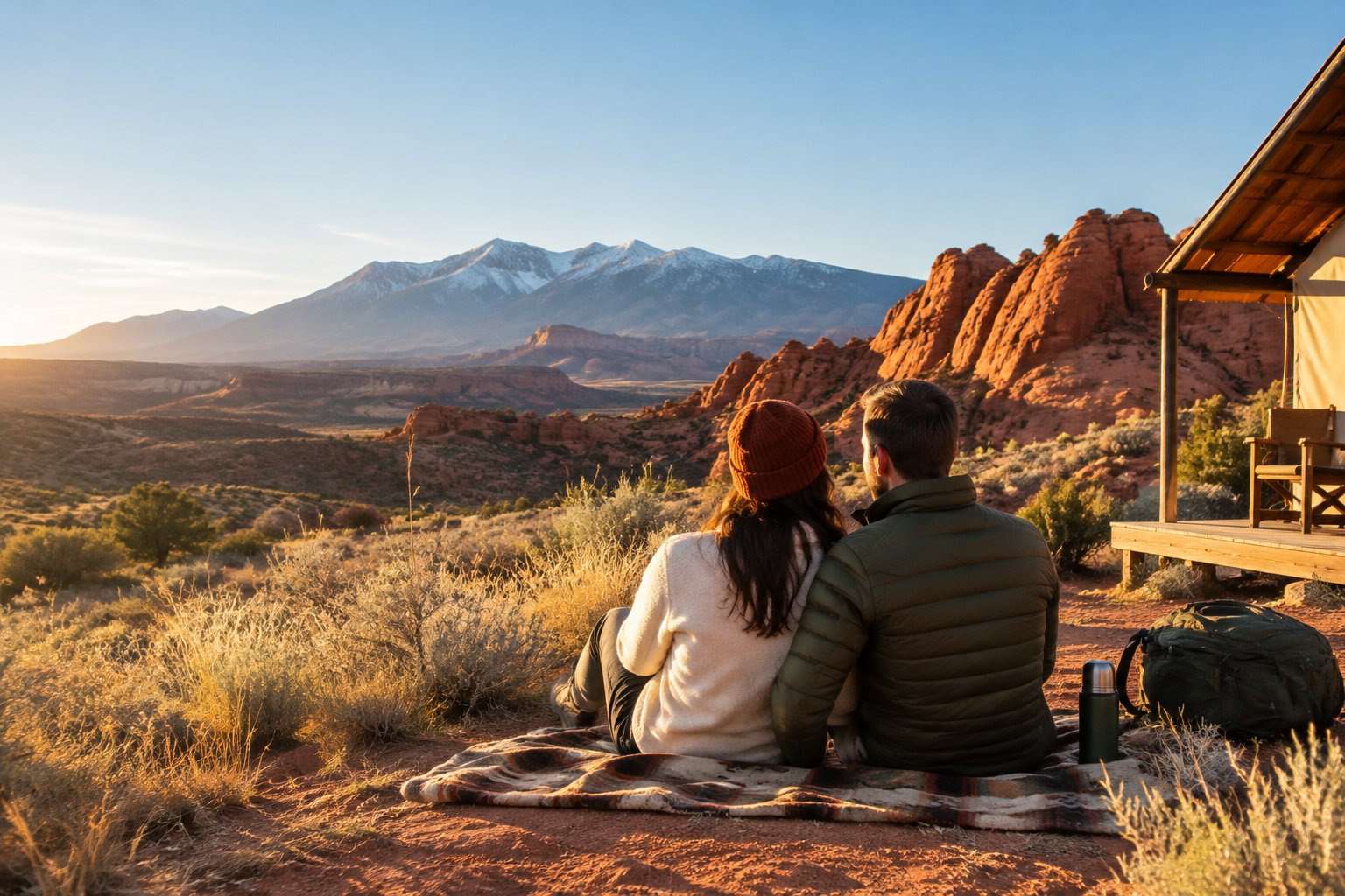 A couple relaxes beside a rustic retreat in a desert landscape with red rocks and distant mountains.