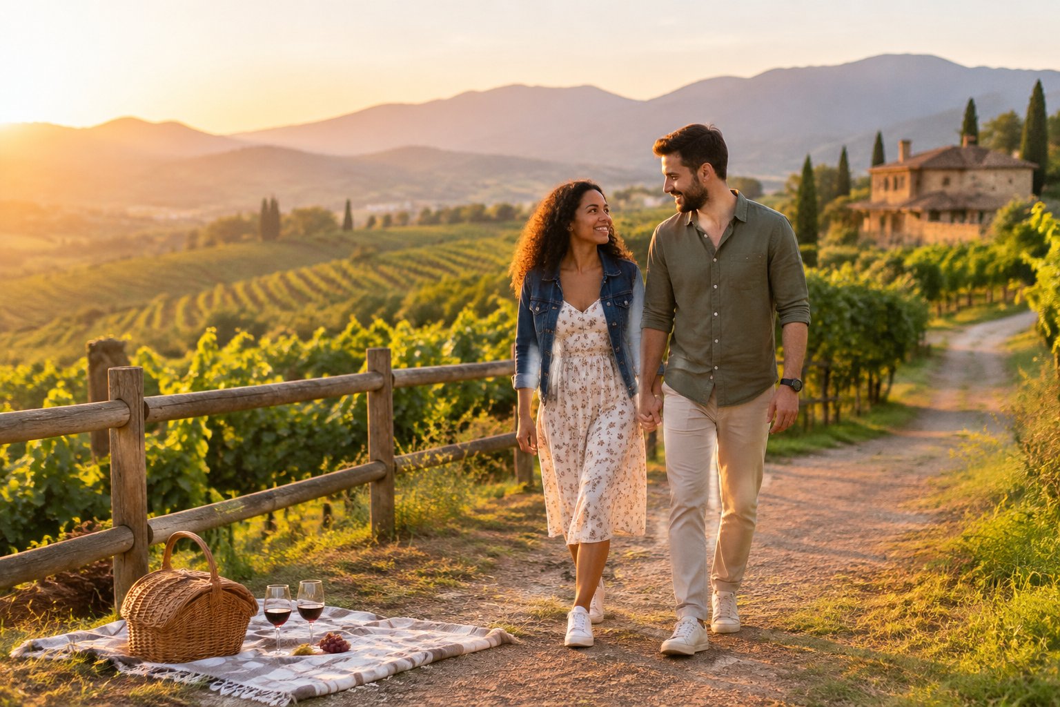 A newlywed couple walks through a vineyard near a charming western small town at sunset.