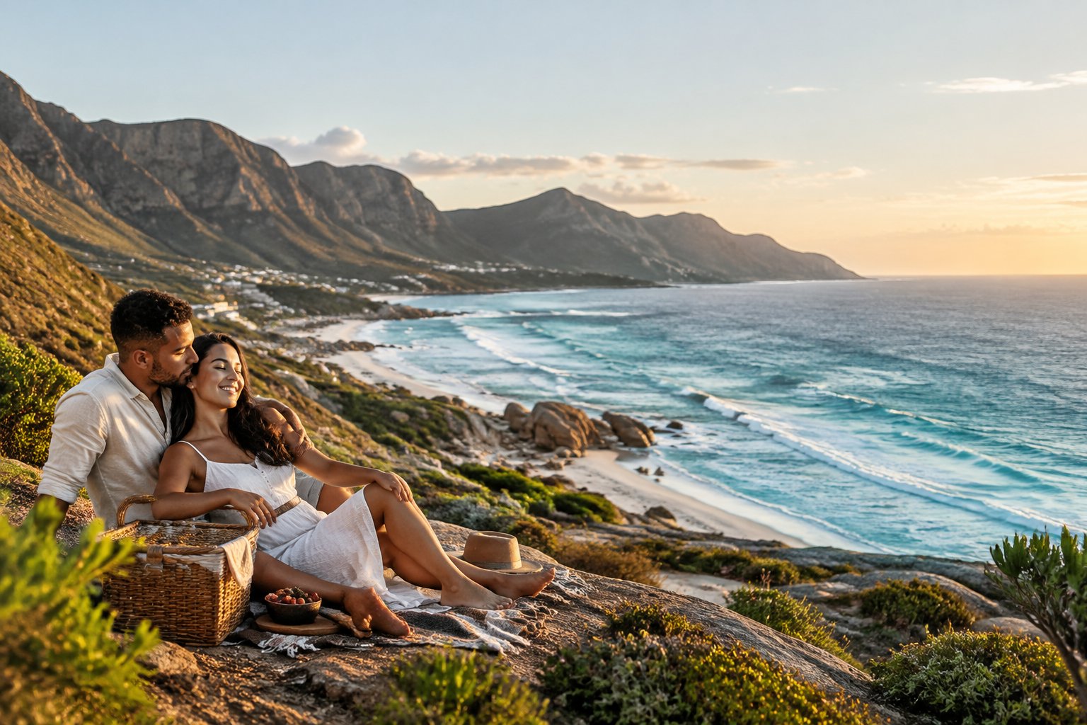 A newlywed couple enjoys a romantic picnic overlooking a scenic South African beach.