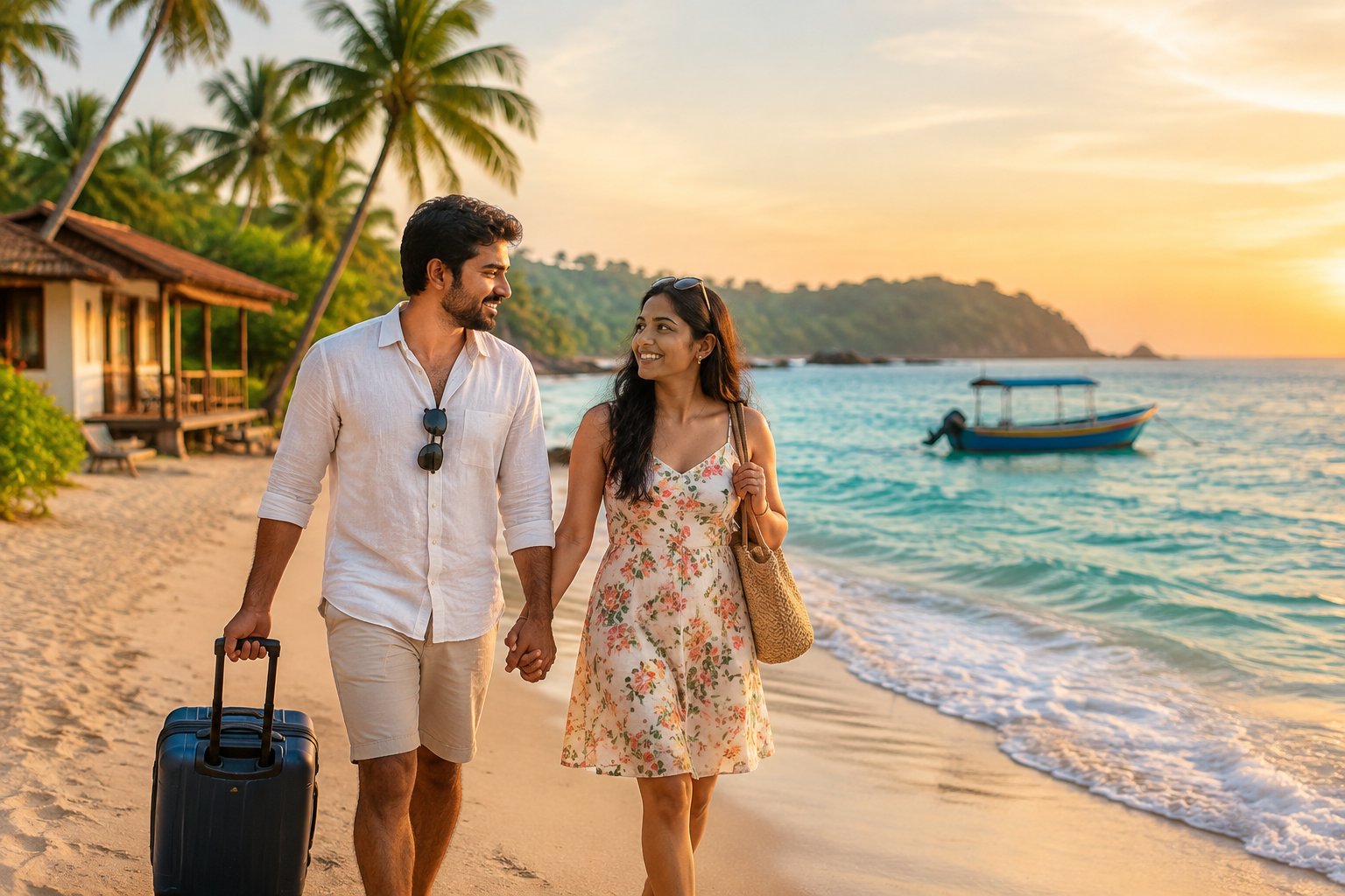 An Indian newlywed couple walks hand in hand along a sunny tropical beach near a modest seaside guesthouse.