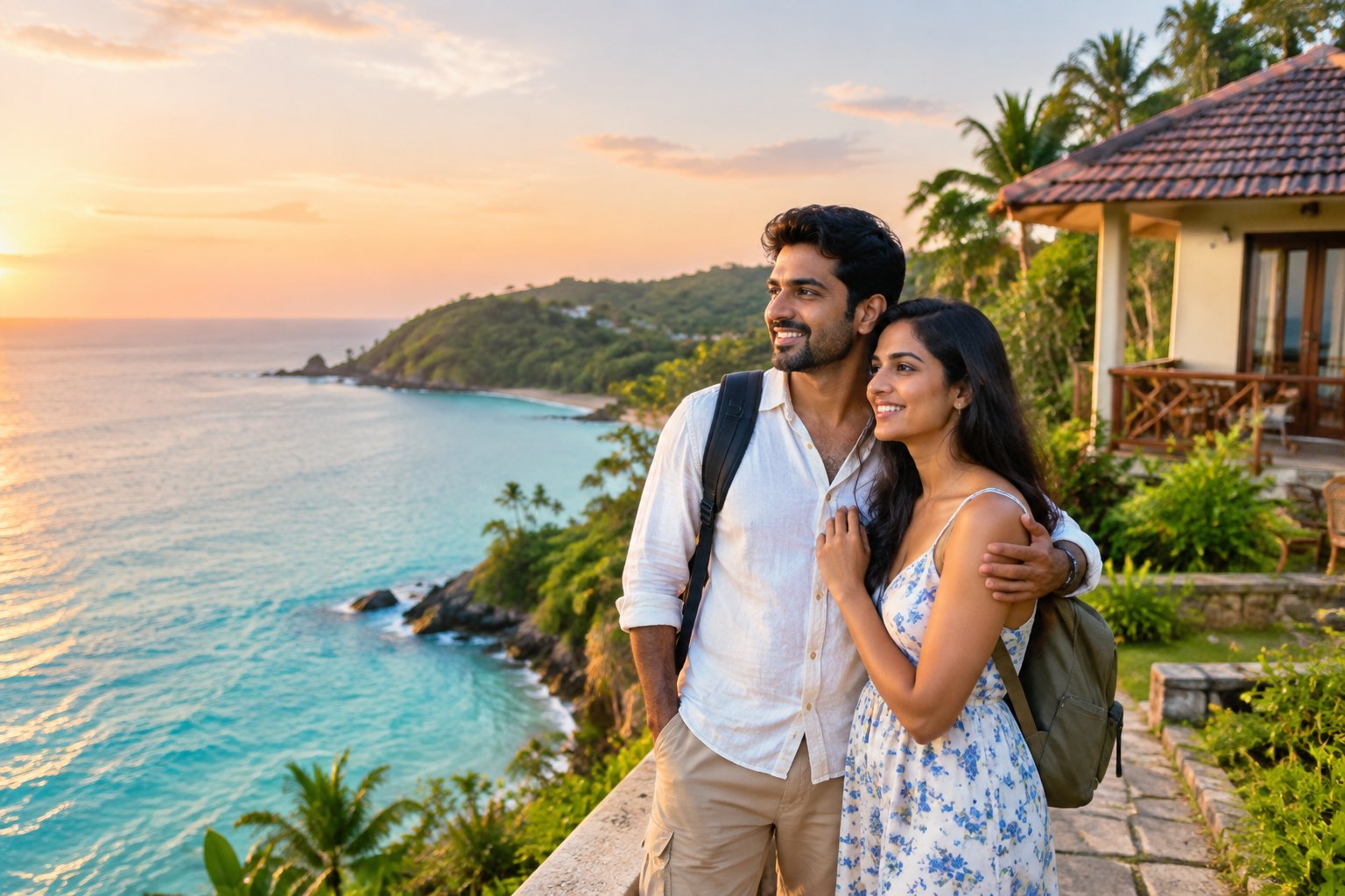 An Indian newlywed couple enjoying a scenic tropical coastal destination near a modest resort.