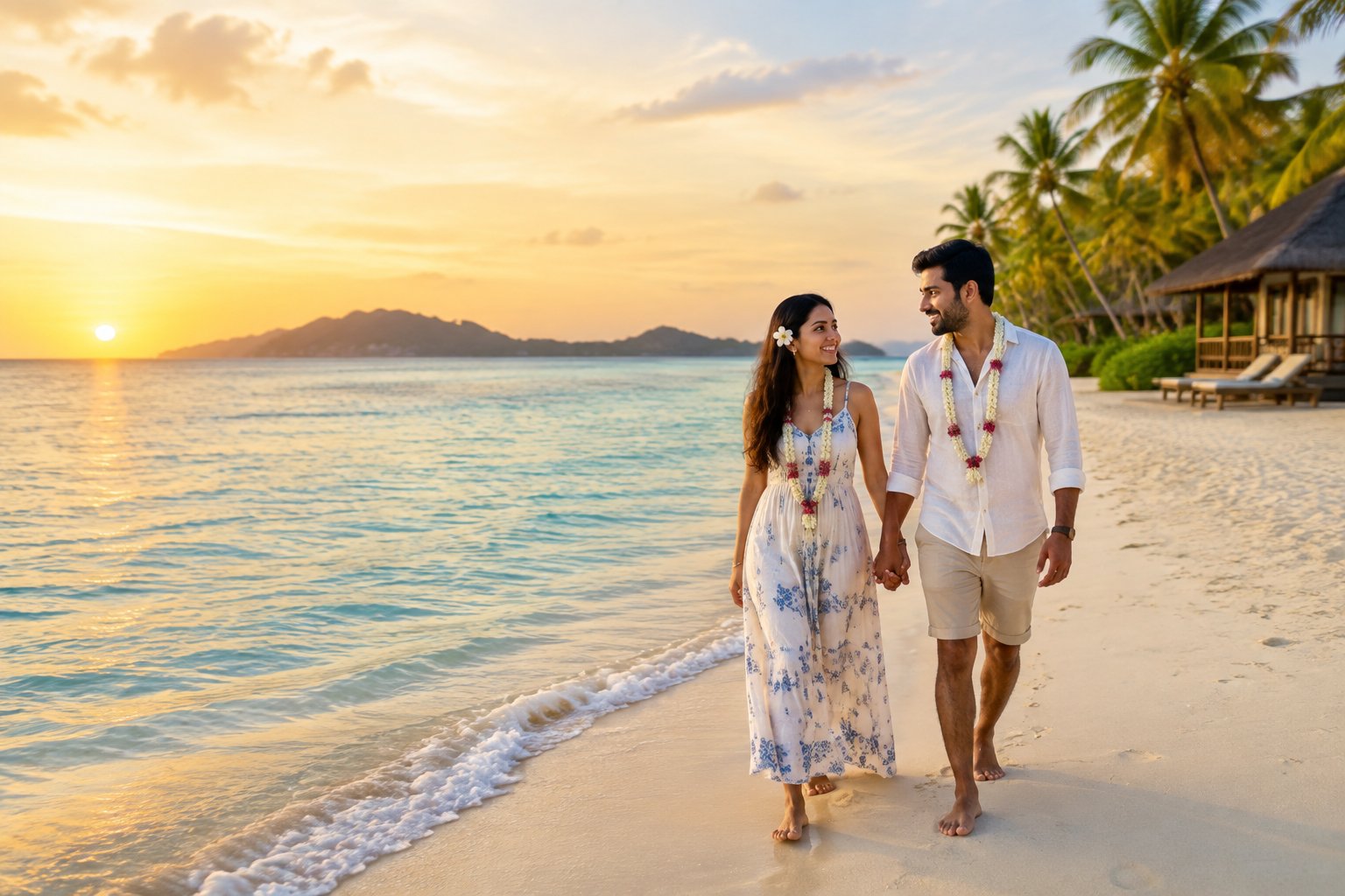 An Indian couple walks hand in hand along a tranquil tropical beach with palm trees and turquoise water.