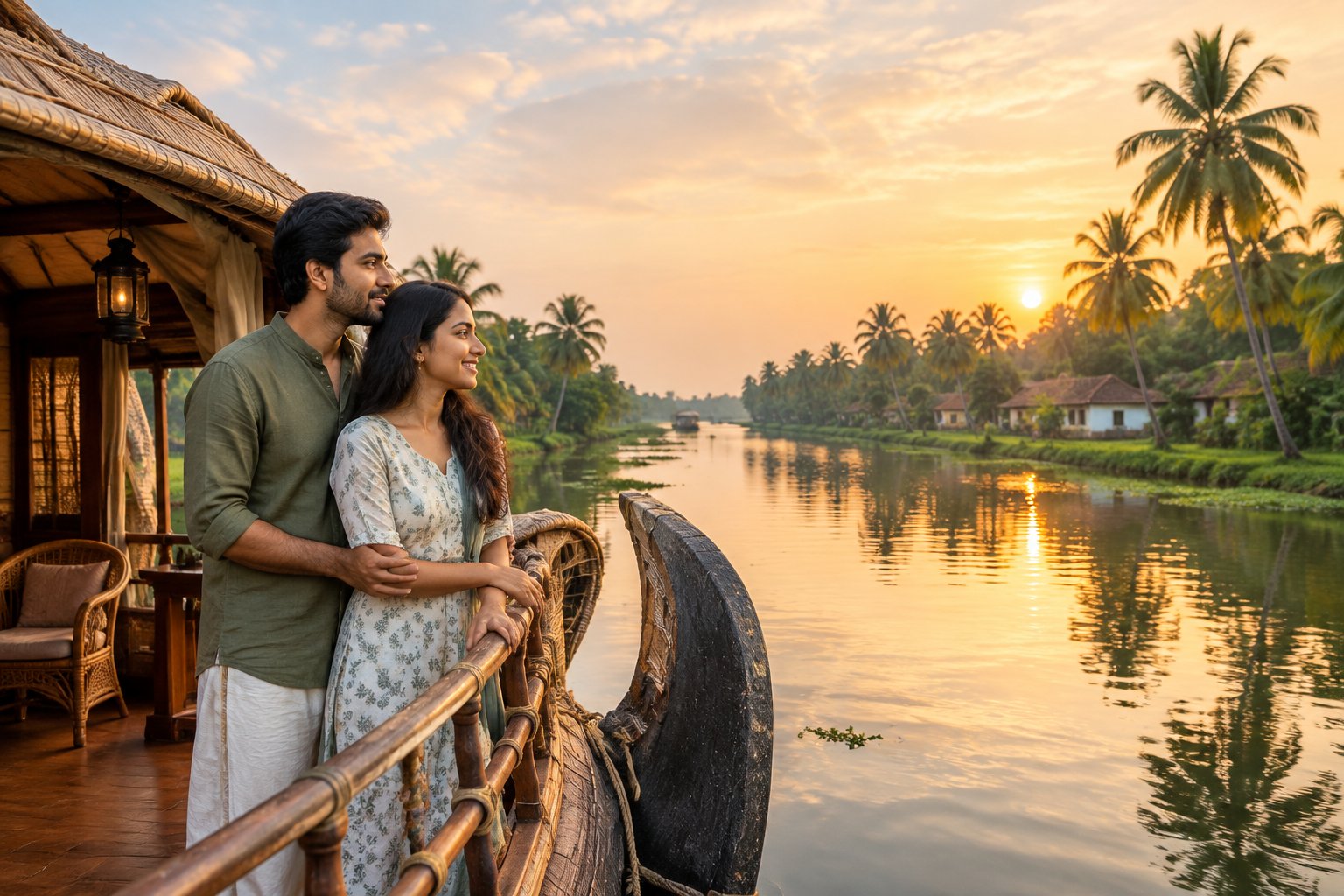 An Indian newlywed couple enjoys a peaceful sunset ride on a Kerala houseboat surrounded by green backwaters and coconut palms.