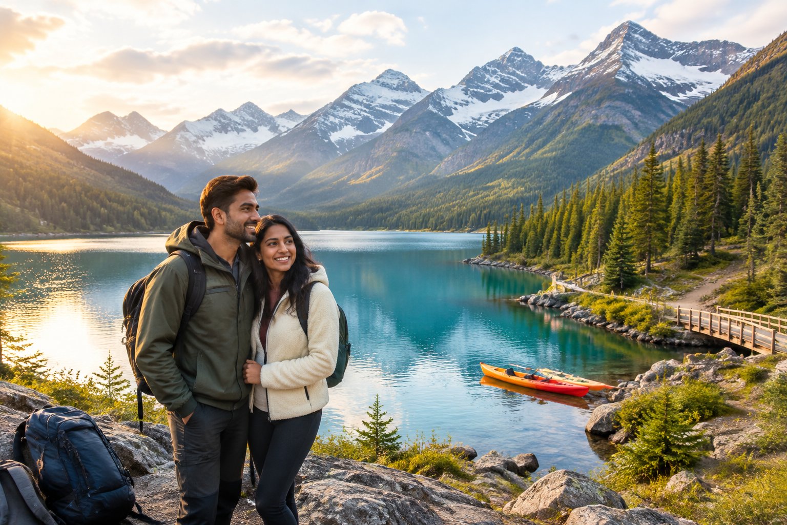 A newlywed Indian couple enjoys a scenic mountain lake surrounded by forests and snowy peaks.